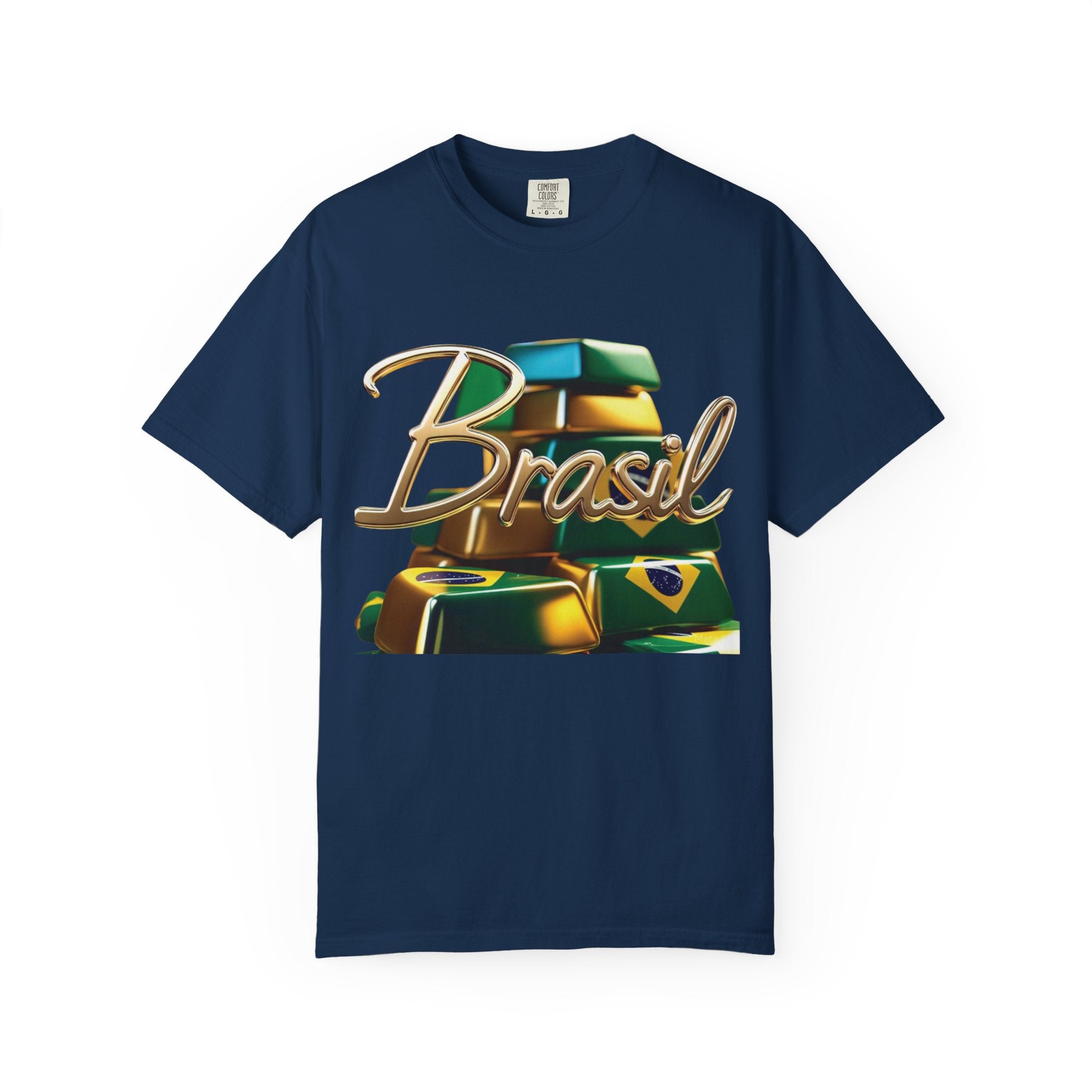 Unisex T-shirt with a Brazilian gold bar design – perfect for travelers and festival lovers