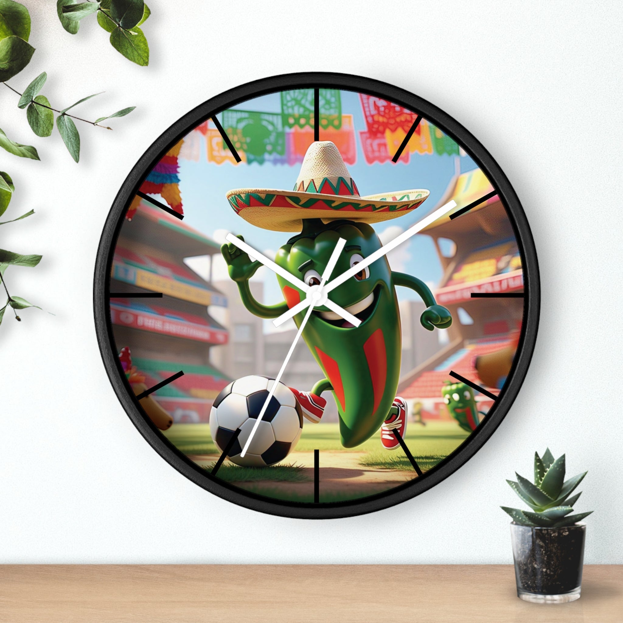 Fun football-themed wall clock with a hot chili character