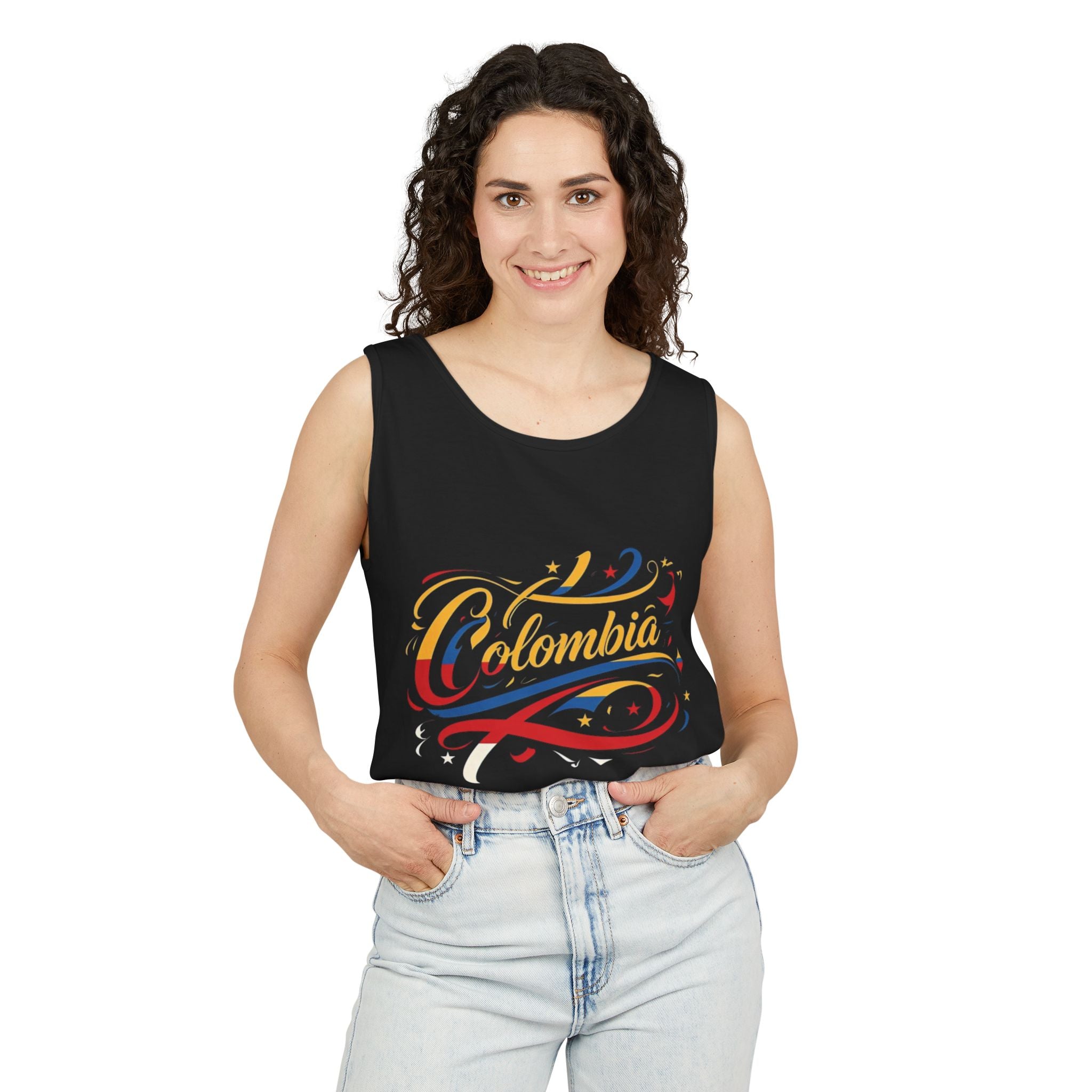 Camiseta sin mangas unisex teñida de Colombia: Celebra la cultura colombiana