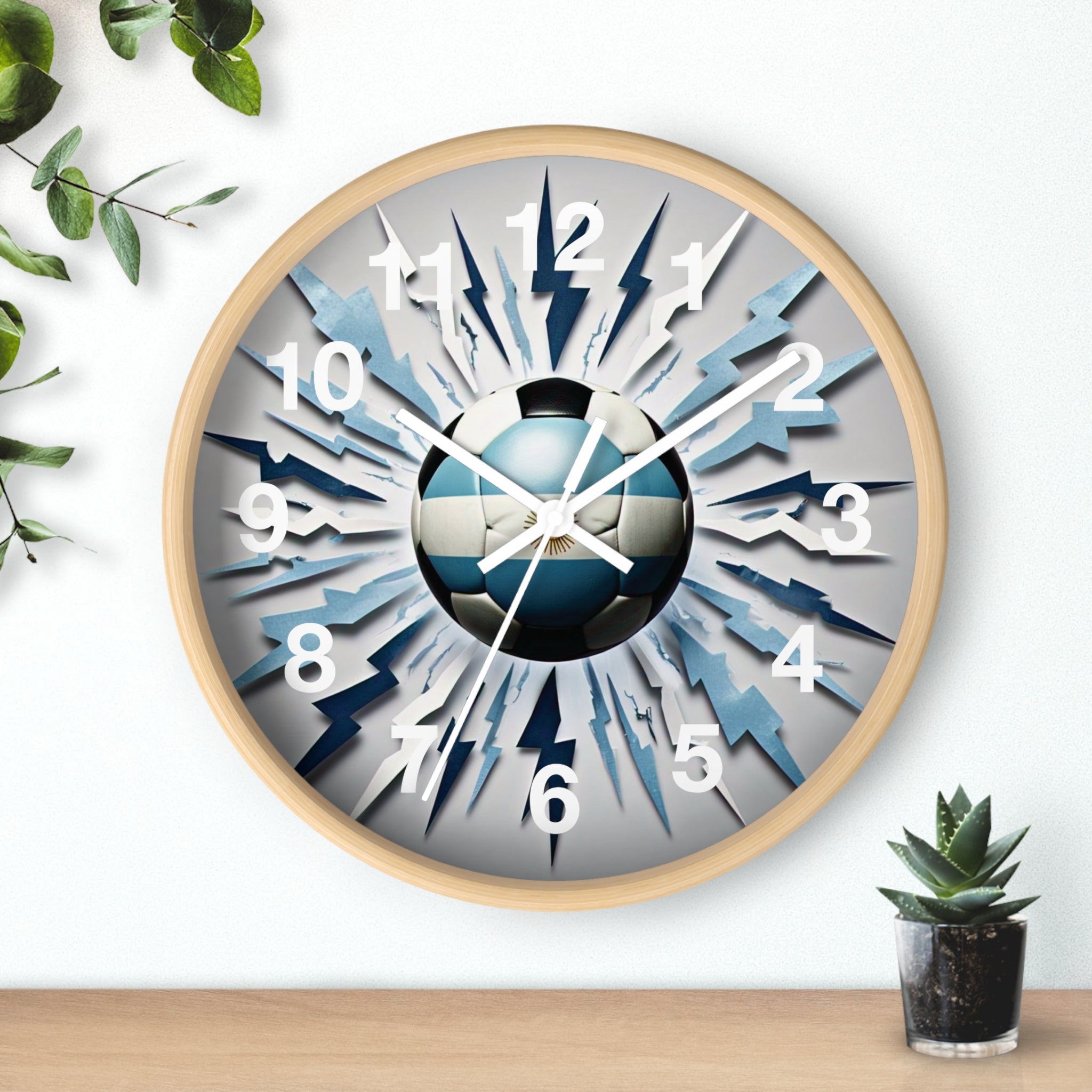 Reloj de pared con balón de fútbol, diseño de bandera argentina para aficionados al deporte, reloj vibrante con temática de fútbol, explosión de fútbol