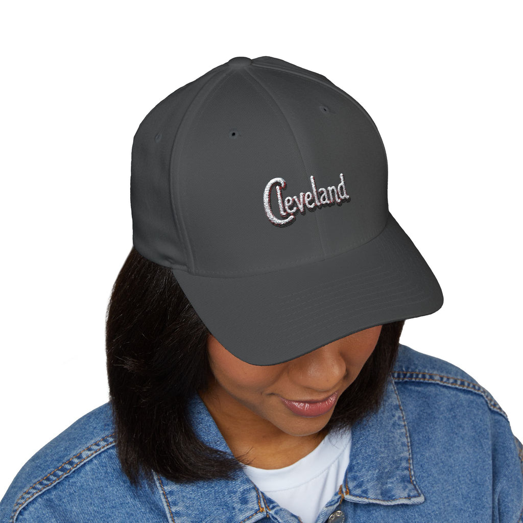 Cleveland Script Embroidered Cap — Classic White Closed-Back Baseball Hat