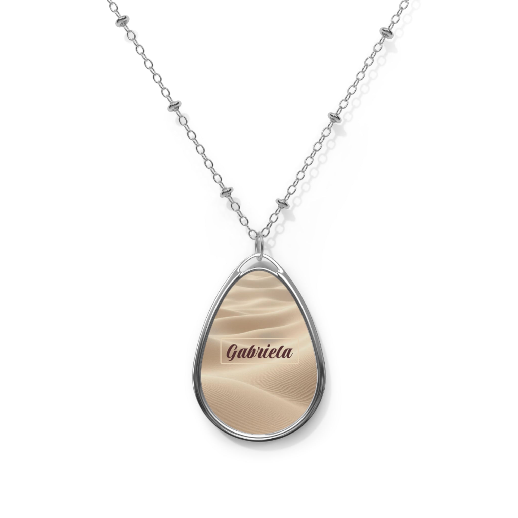 Personalized Oval Name Necklace — Gabriela Sand Background Teardrop Pendant