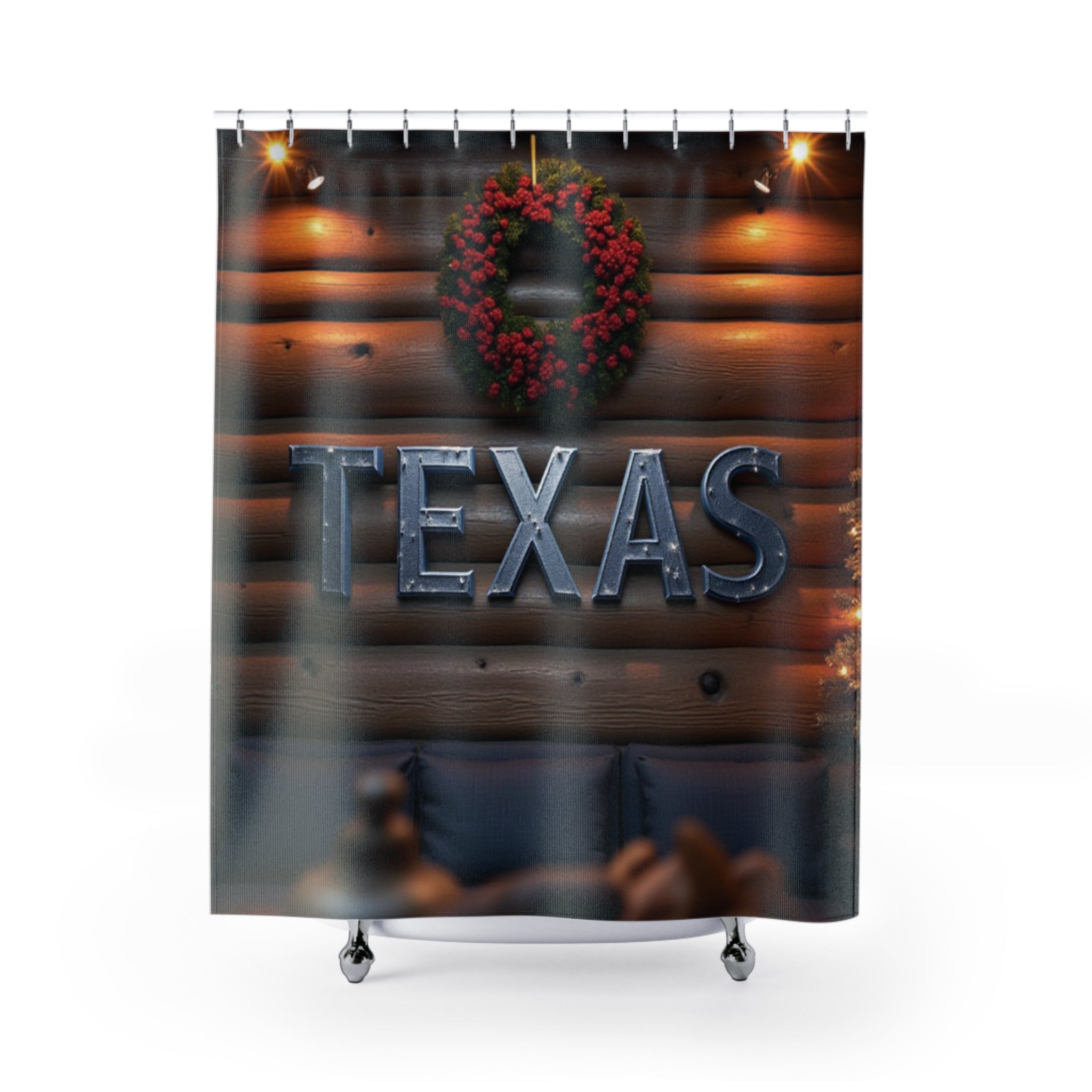 Rustic Texas Wreath Shower Curtain, Cozy Home Decor, Holiday Bathroom Style, Farmhouse Aesthetic, Texas-themed Gift 