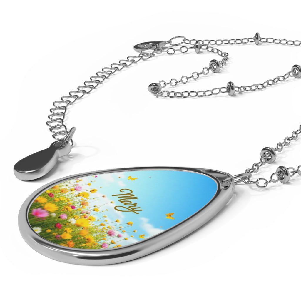 Personalized oval necklace, with the name 'Mary' with Floral Design, Custom Name Jewelry, Gift for Her, Birthday, Anniversary, Everyday Wear, Unique Keepsake 