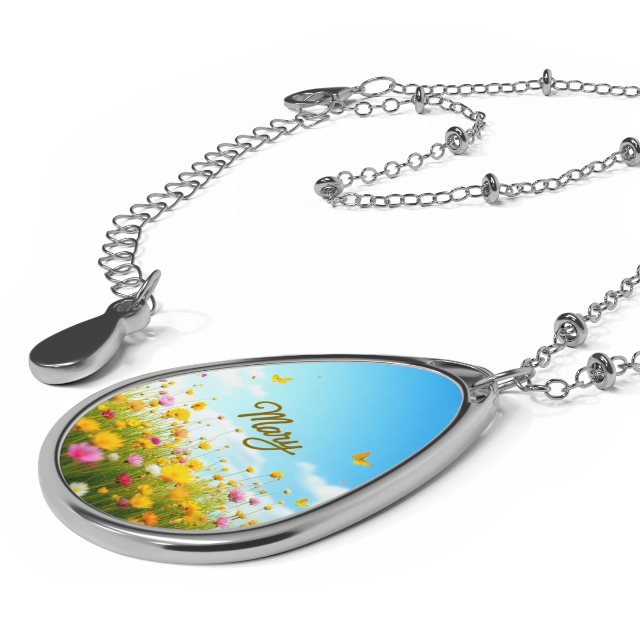 Personalized oval necklace, with the name 'Mary' with Floral Design, Custom Name Jewelry, Gift for Her, Birthday, Anniversary, Everyday Wear, Unique Keepsake 