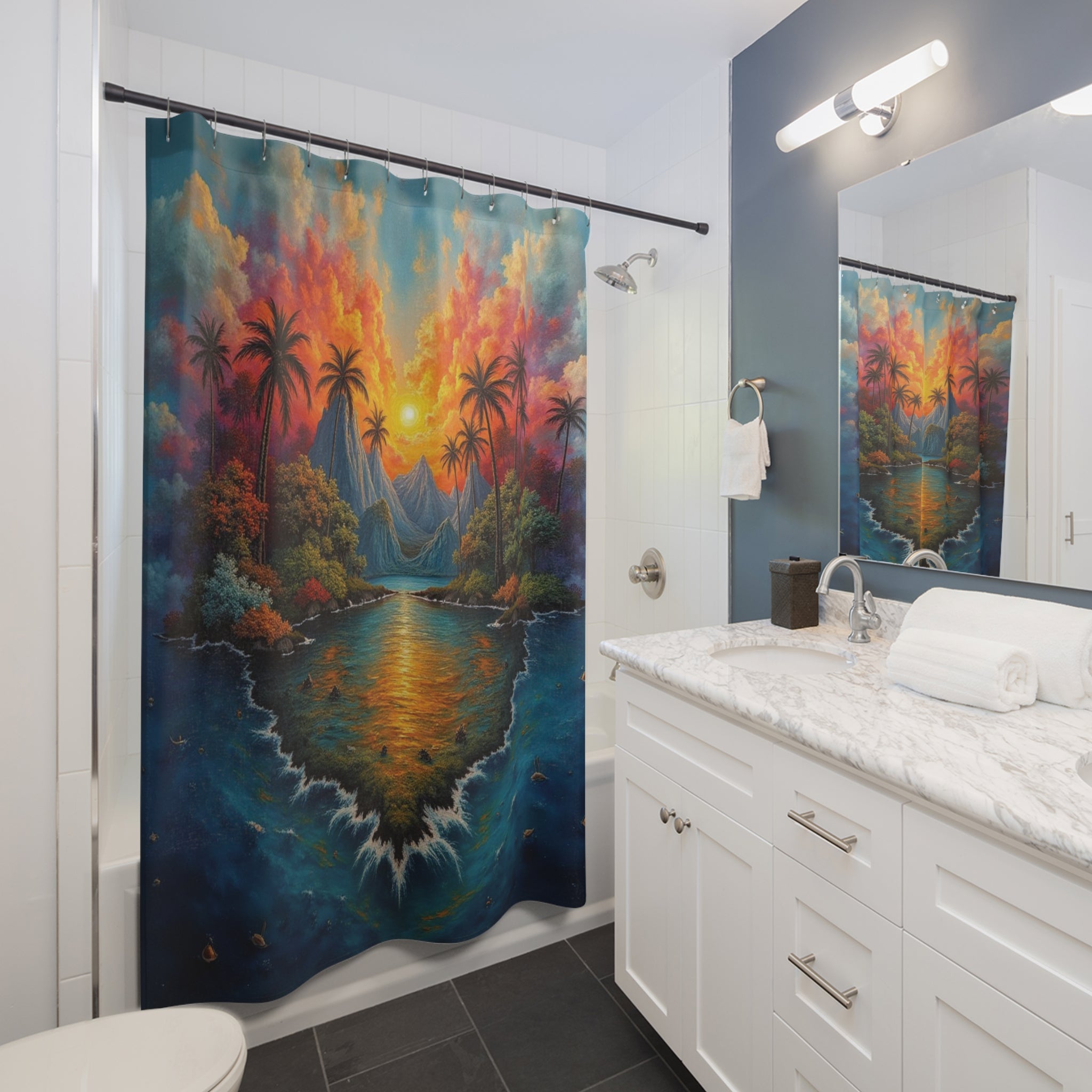 "Tropical Sunset" Shower Curtain — Fantasy Landscape in Vivid Colors
