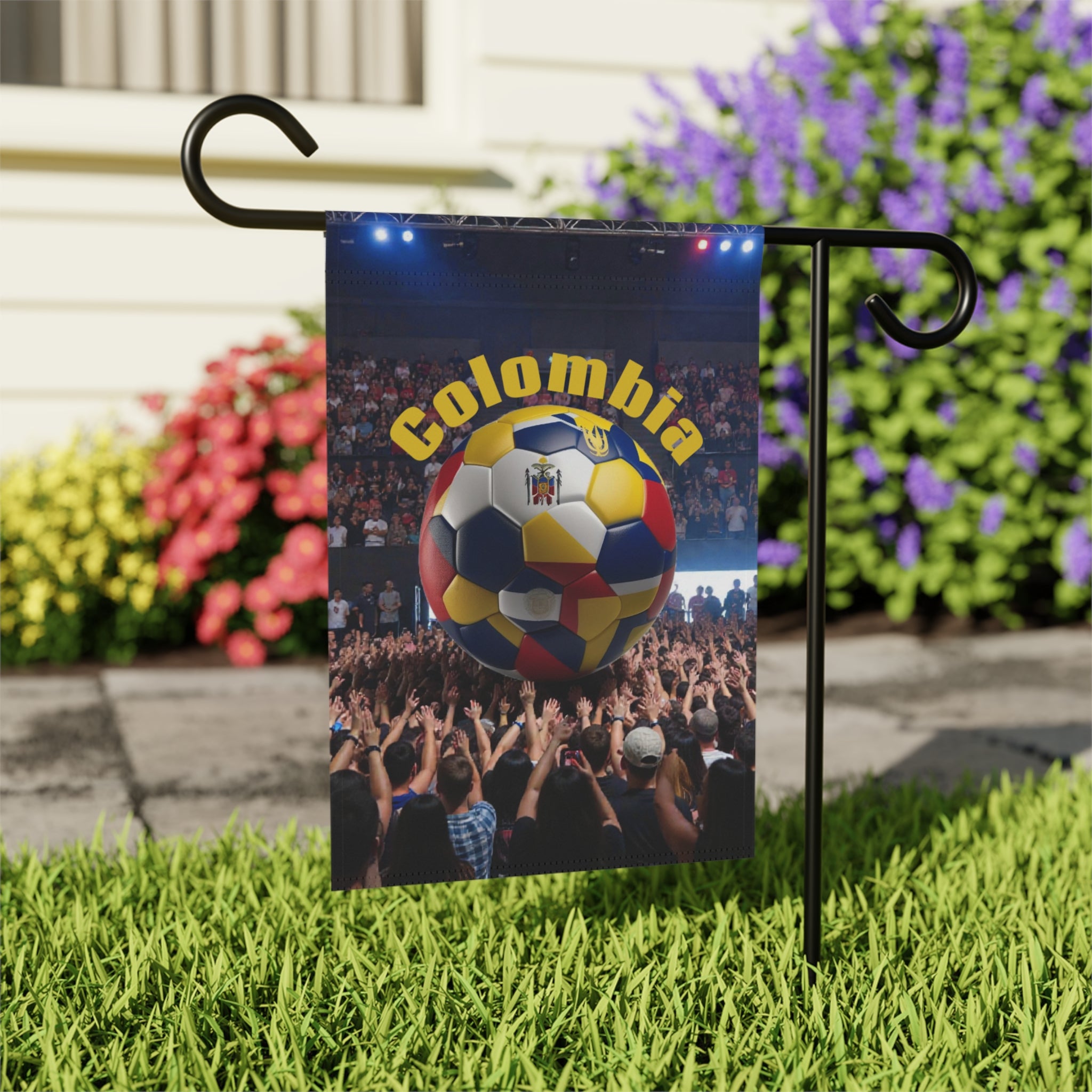 Colombia Soccer Fan Garden Flag – Colombia Text with National Flag Soccer Ball Outdoor Banner