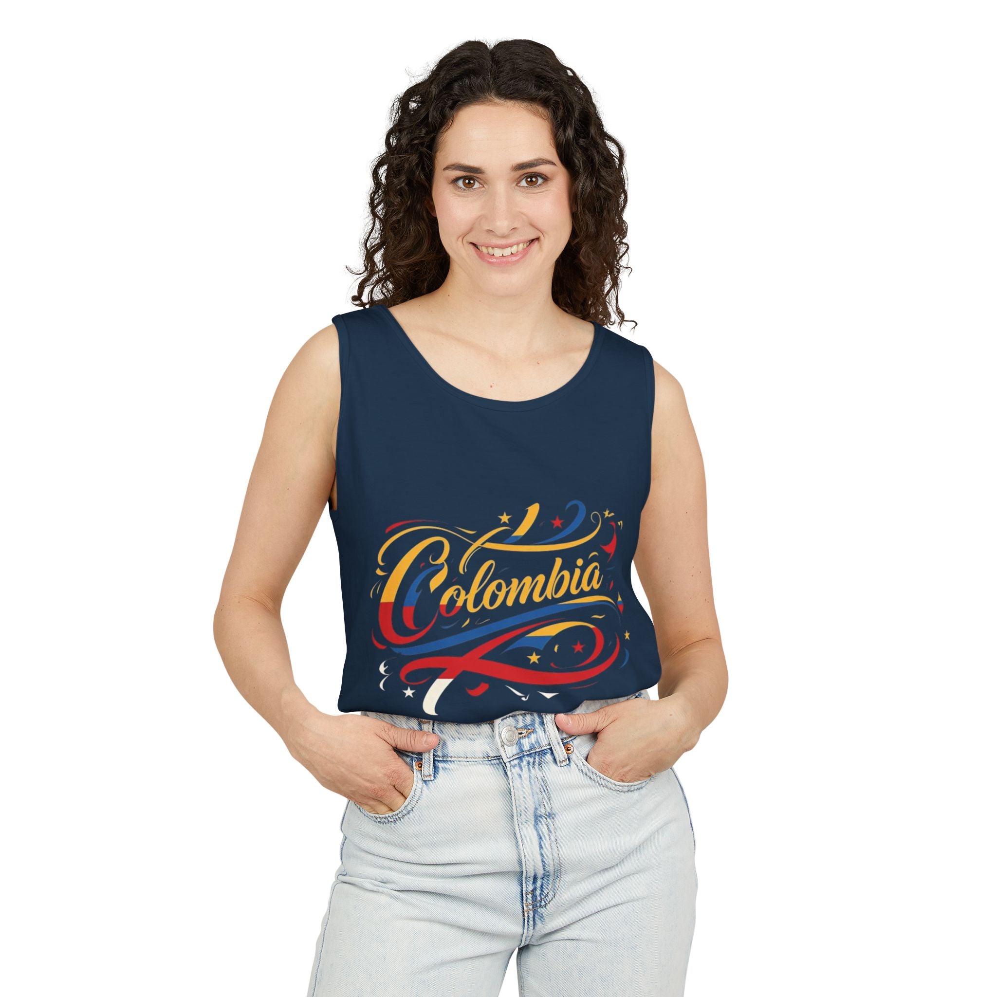 Camiseta sin mangas unisex teñida de Colombia: Celebra la cultura colombiana