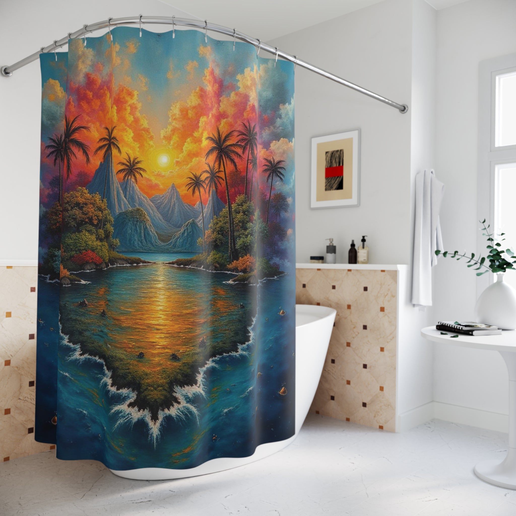 "Tropical Sunset" Shower Curtain — Fantasy Landscape in Vivid Colors