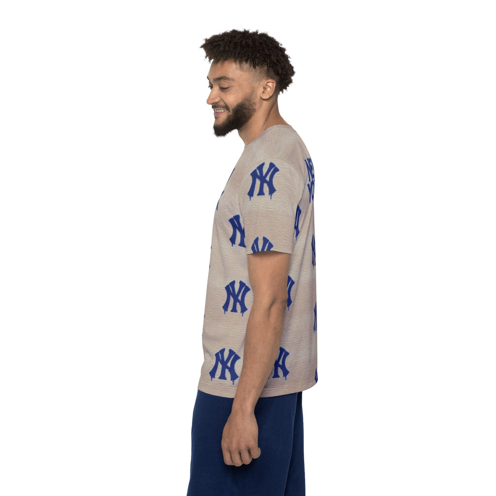"NEW YORK Drip" T-shirt | Beige All-Over Print with Stylized Blue Logo