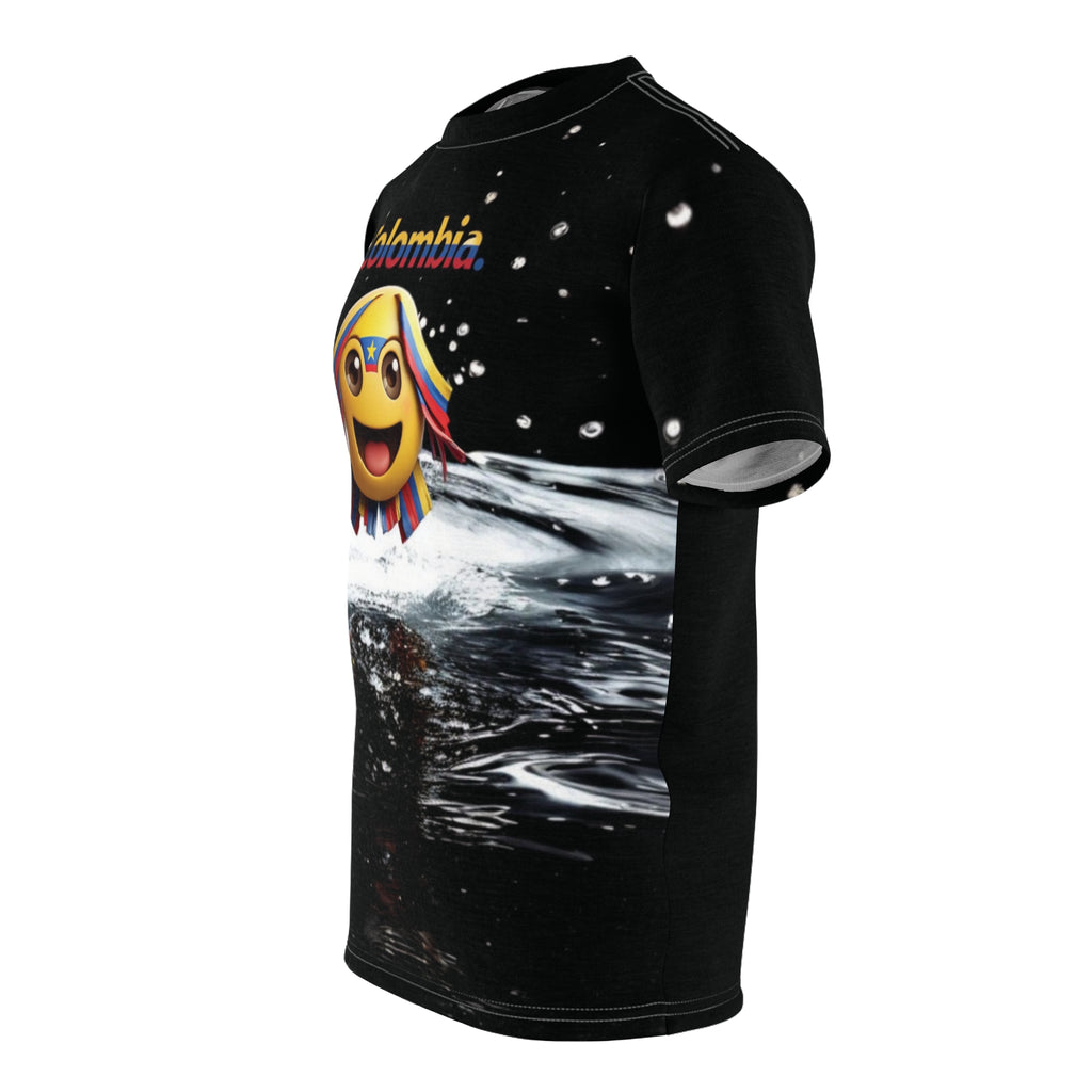 Camiseta unisex con emoji de Colombia y salpicaduras de agua: diseño divertido y vibrante para celebrar.