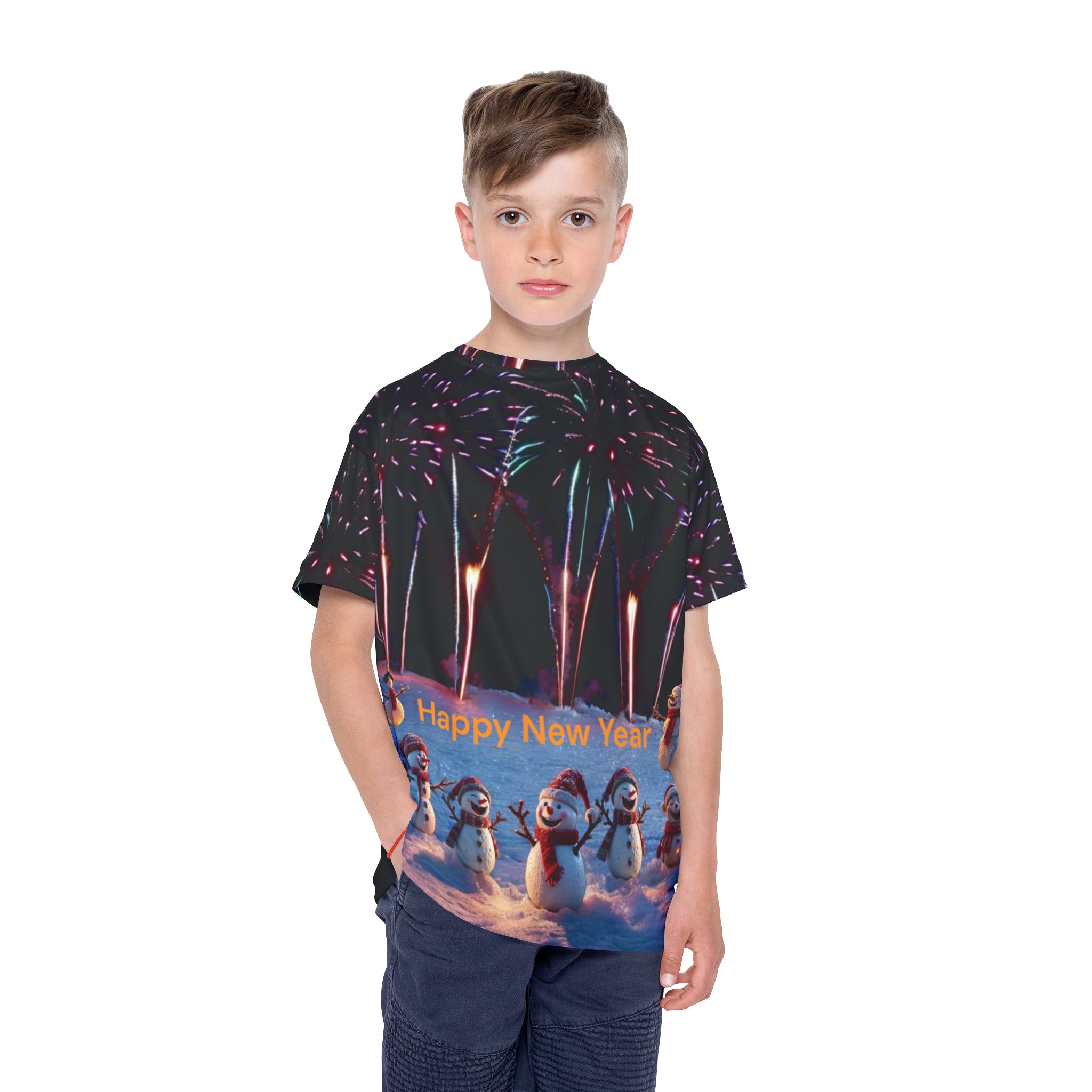 Unisex, Kids and Girls T-Shirt Happy New Year Snowmen Fireworks Celebration Gift
