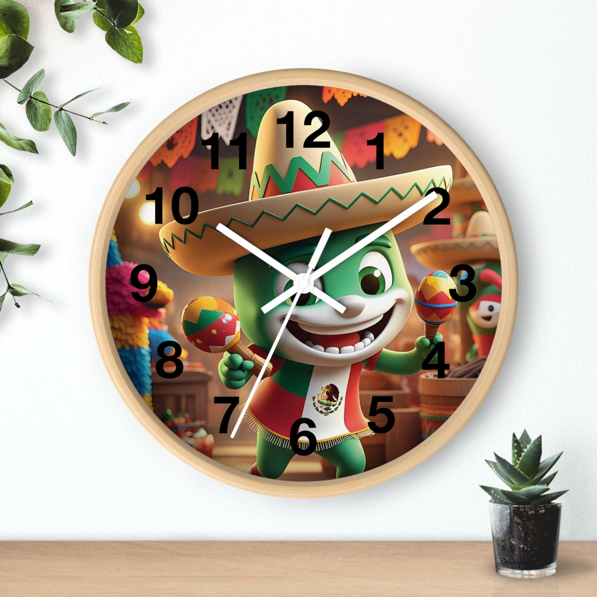 Reloj de pared festivo de temática mexicana con diseño de personajes coloridos