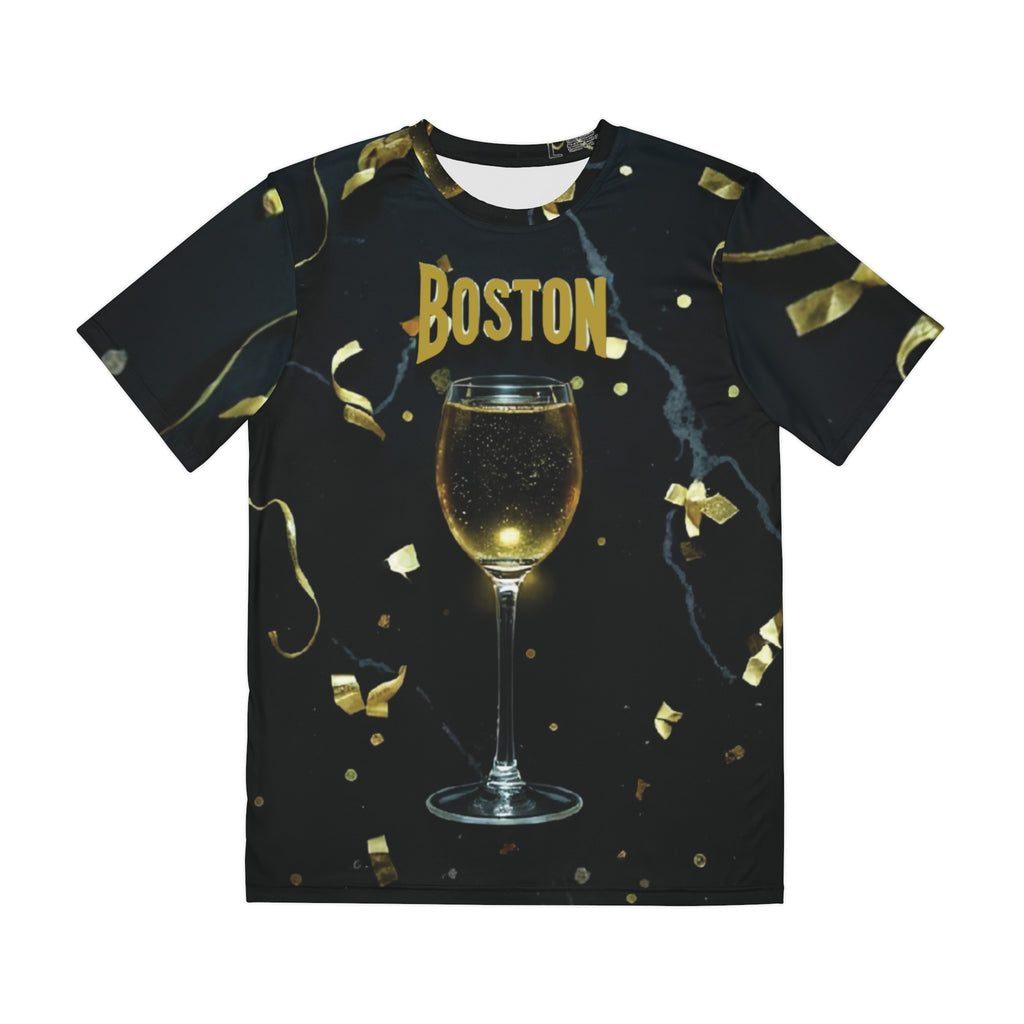 Boston Champagne Glass Men’s Tee — Gold Confetti Party Shirt
