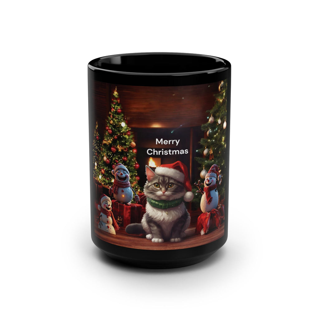 Black Mug, 15oz with a Christmas atmosphere and for cat lovers