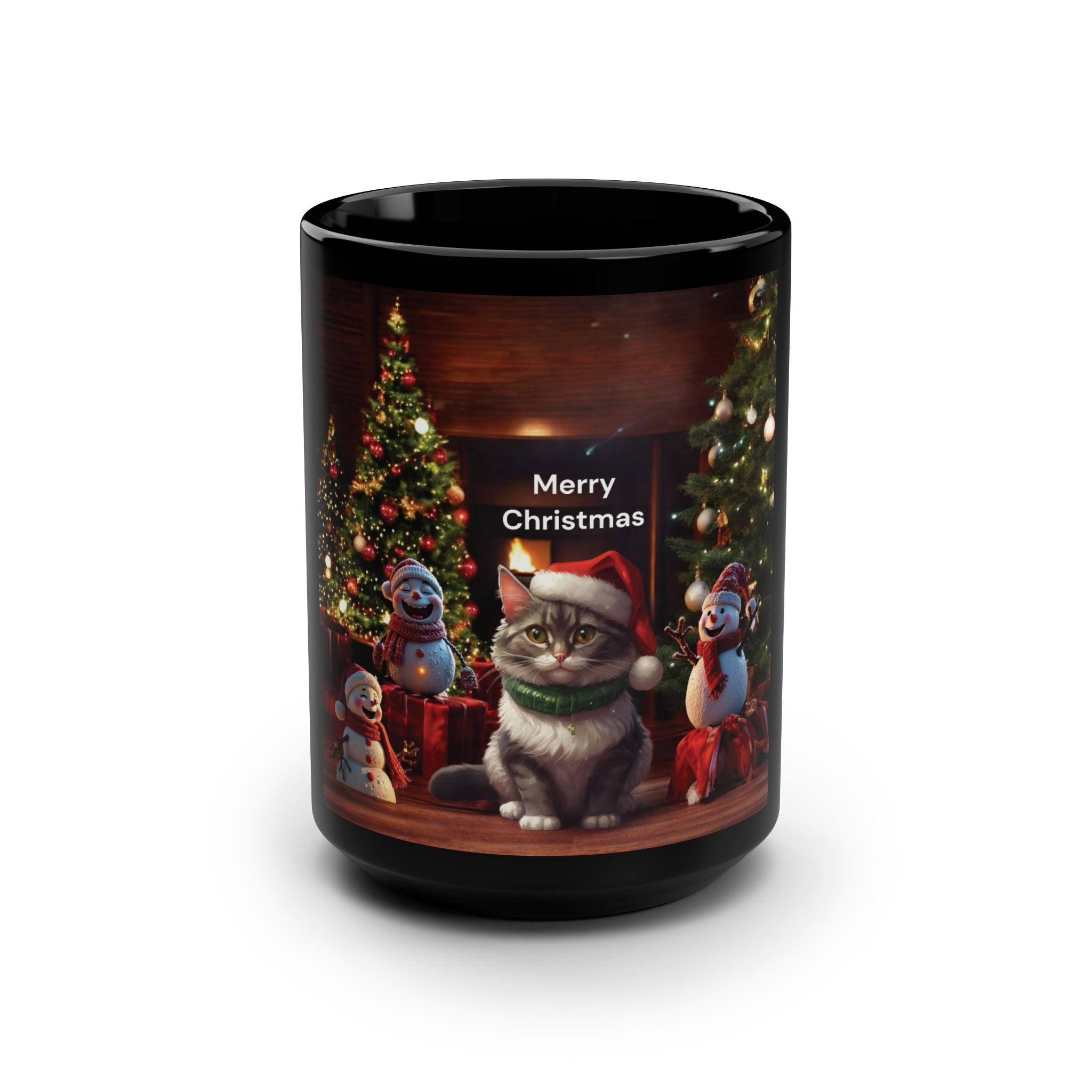 Black Mug, 15oz with a Christmas atmosphere and for cat lovers