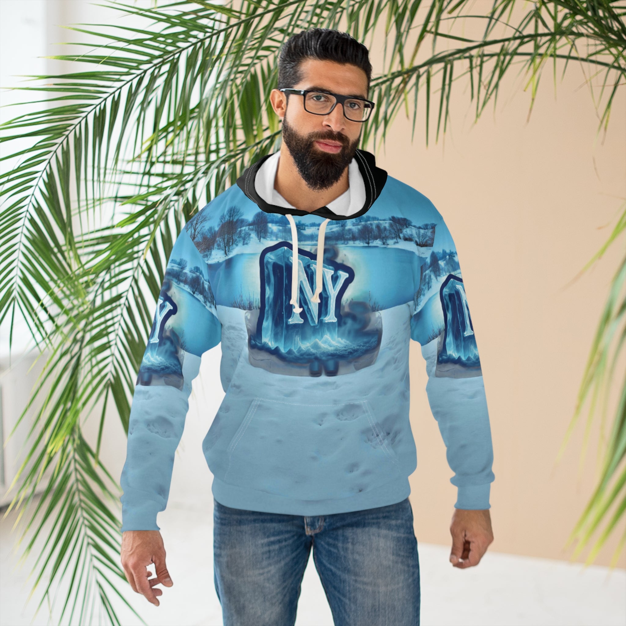 ,'NY Frozen Landscape' Hoodie – Urban Winter Style. Gift for Him/Her, Winter Fashion, Holiday Apparel, AOP Design