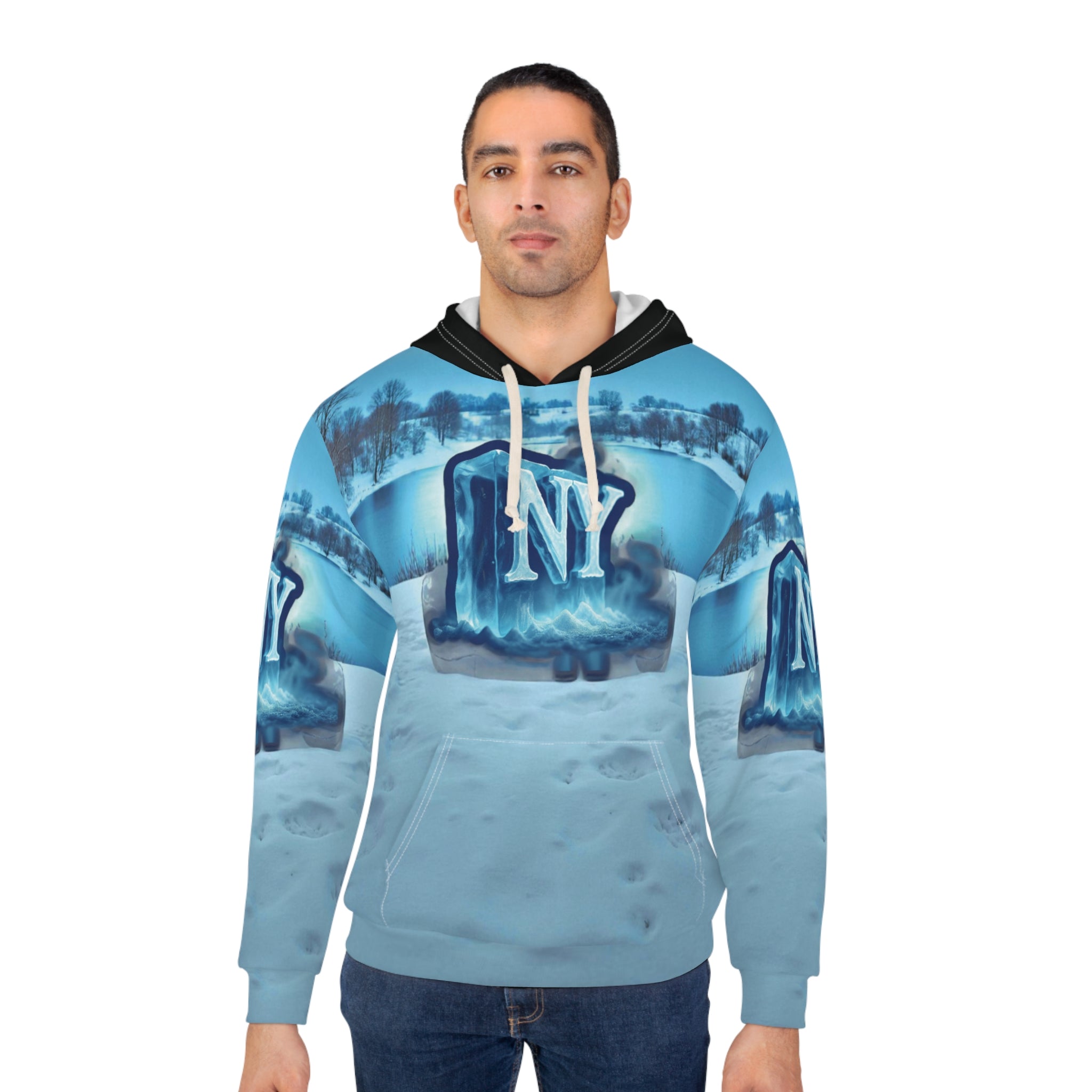 ,'NY Frozen Landscape' Hoodie – Urban Winter Style. Gift for Him/Her, Winter Fashion, Holiday Apparel, AOP Design