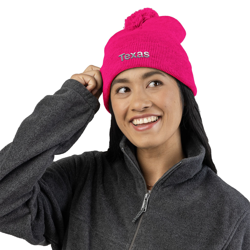 Texas Pom Pom Knit Beanie, Warm Winter Hat, Cute Embroidered Beanie, Fun Gift for Him/Her, Stylish Accessory for Outdoor Adventures. 