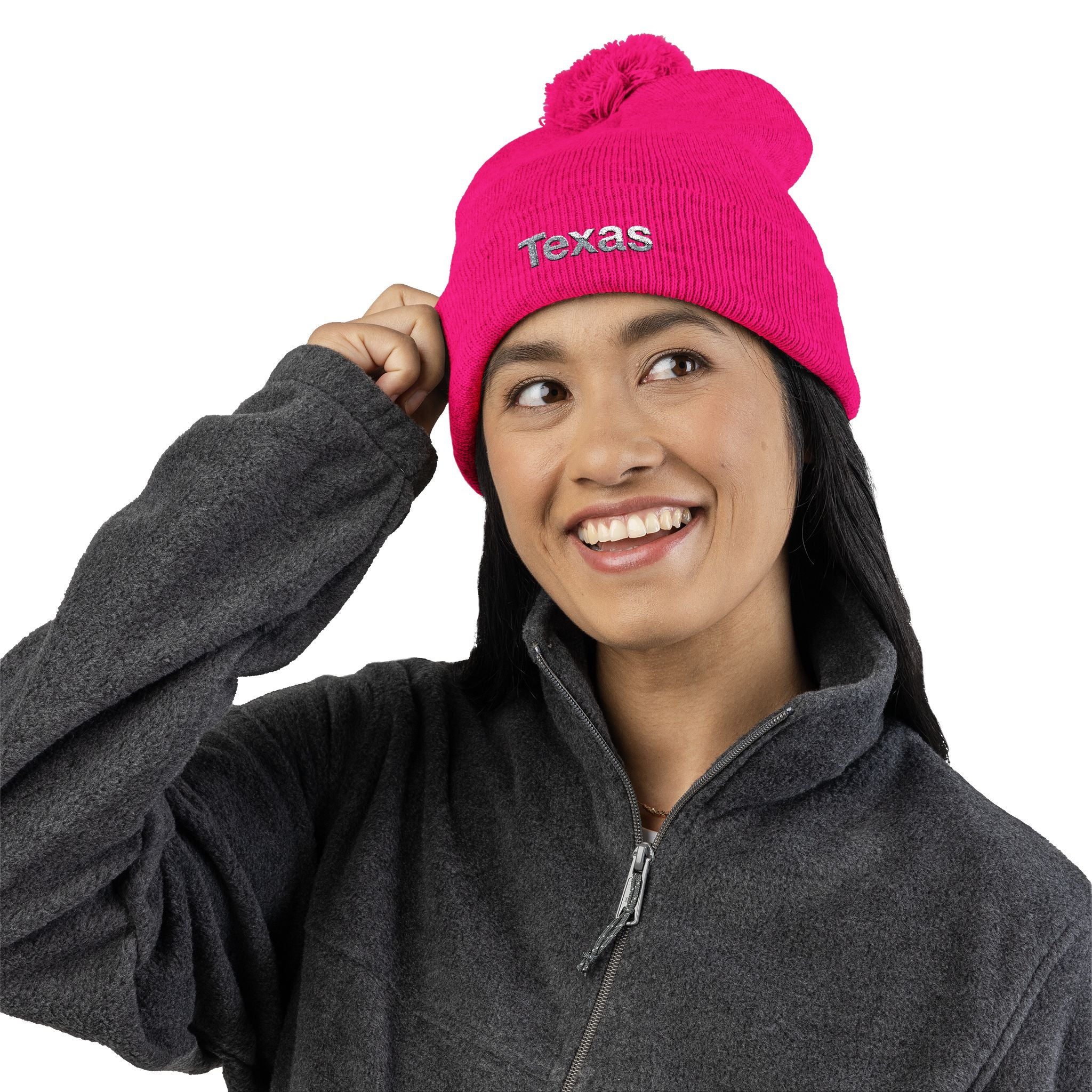 Texas Pom Pom Knit Beanie, Warm Winter Hat, Cute Embroidered Beanie, Fun Gift for Him/Her, Stylish Accessory for Outdoor Adventures. 