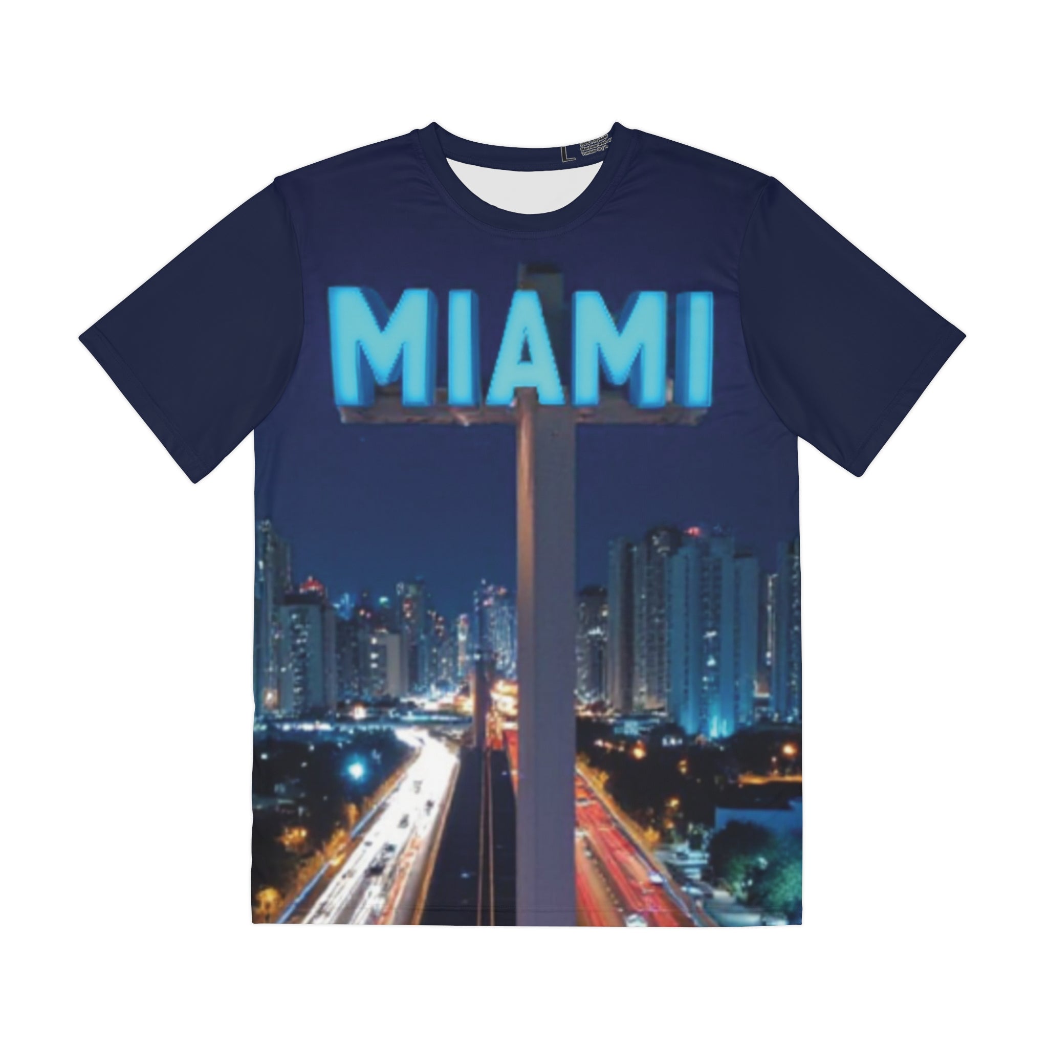 Miami Cityscape Tee — Neon Night Skyline Men’s Polyester Shirt