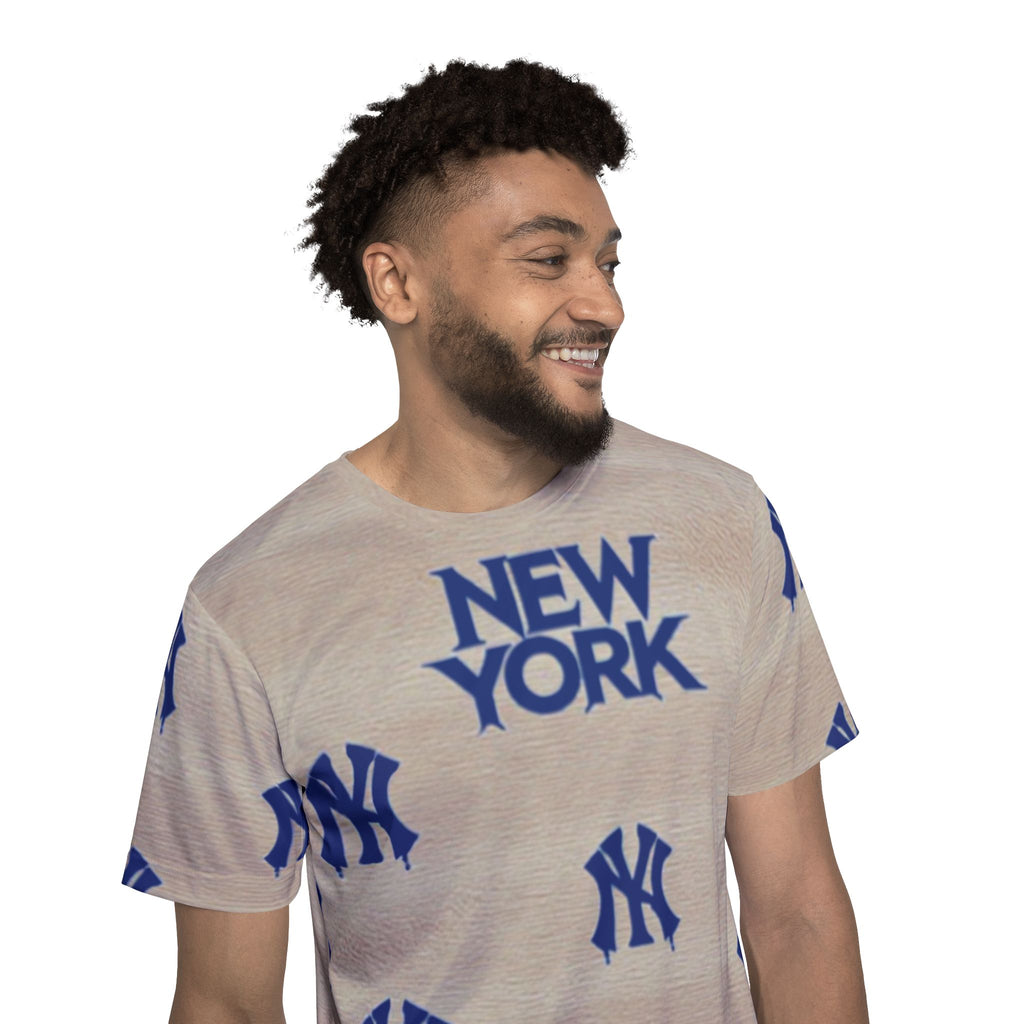 "NEW YORK Drip" T-shirt | Beige All-Over Print with Stylized Blue Logo