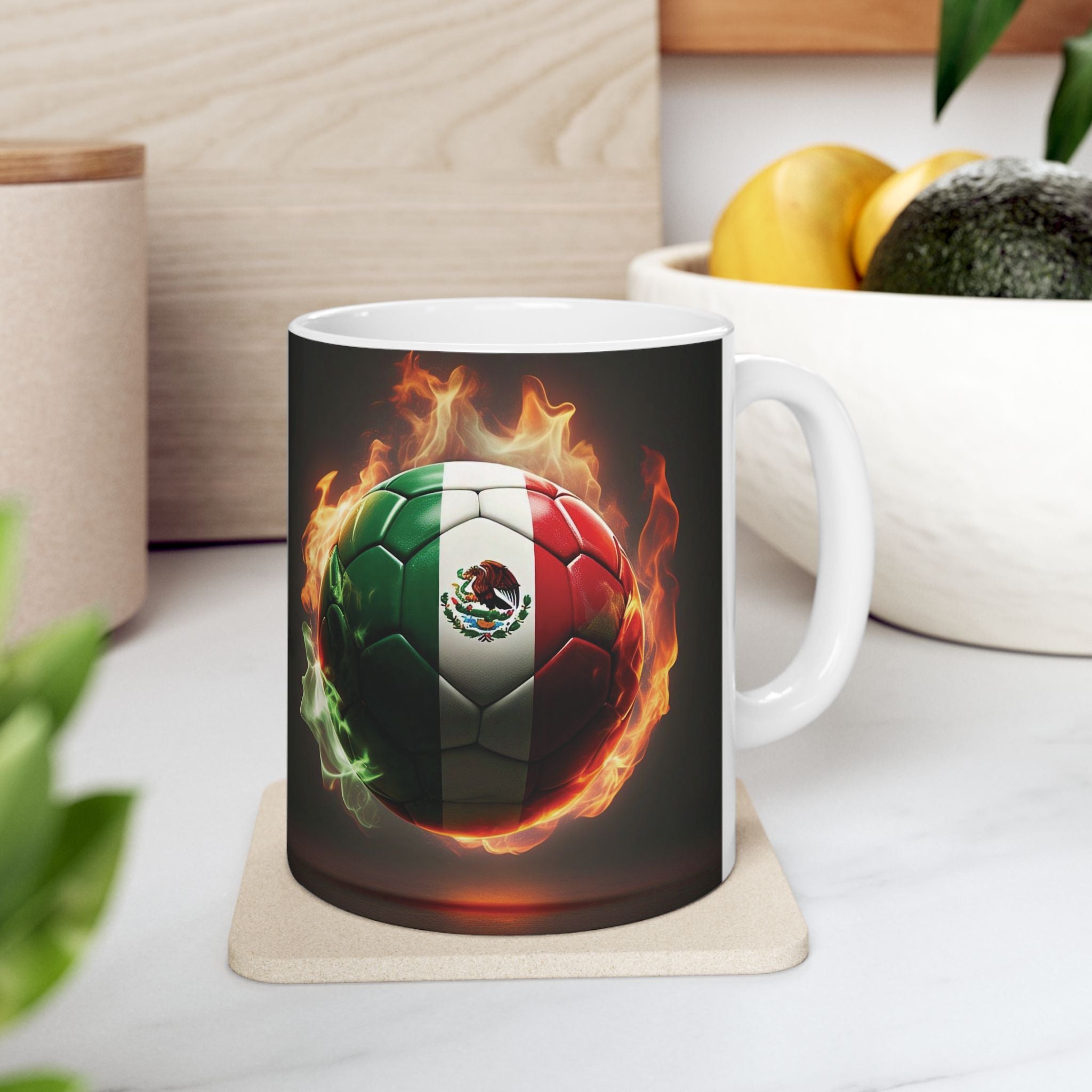 Taza de fútbol - Taza de cerámica con balón de fútbol y bandera mexicana (11oz, 15oz)
