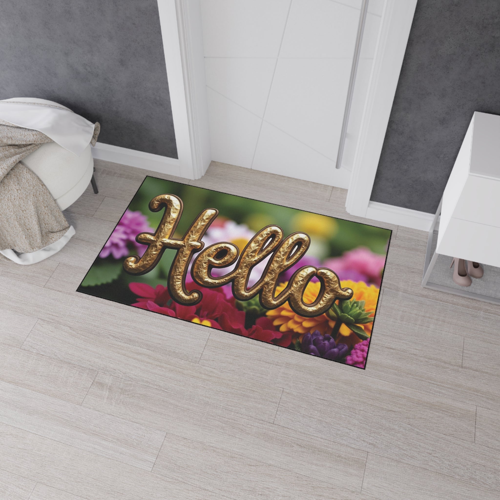Decorative "Hello" Doormat – Floral with Gold Lettering – Your Perfect Welcome!