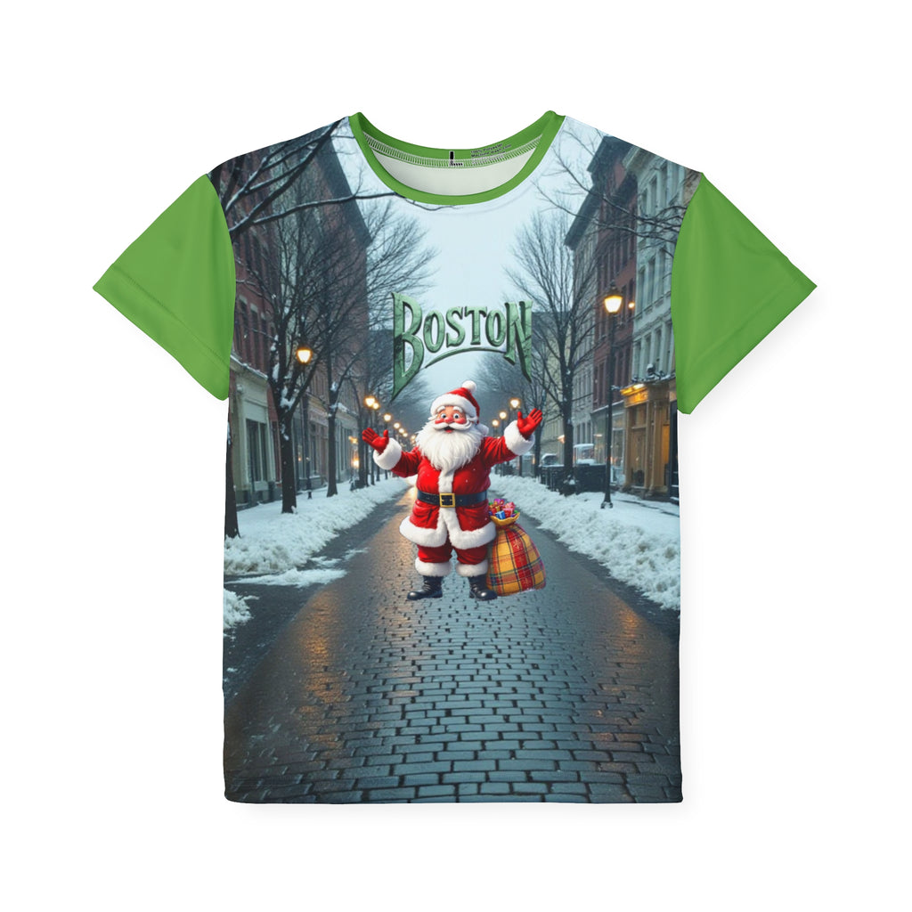 Kids Jersey, Boston Santa Christmas Tee, Youth Holiday Shirt, Festive Apparel,