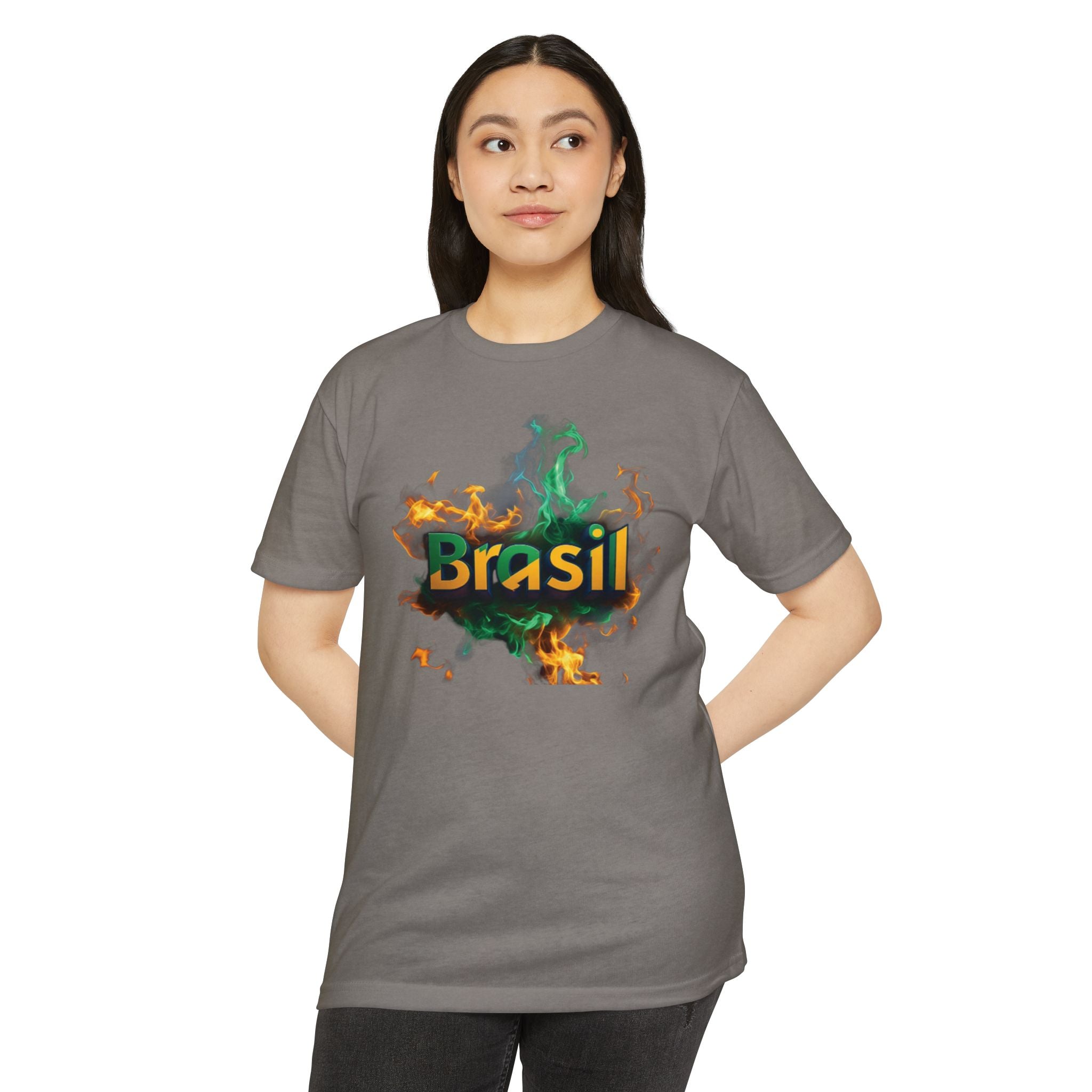 Camiseta unissex com estampa gráfica Brasil Fire - perfeita para fãs de esportes e festivais