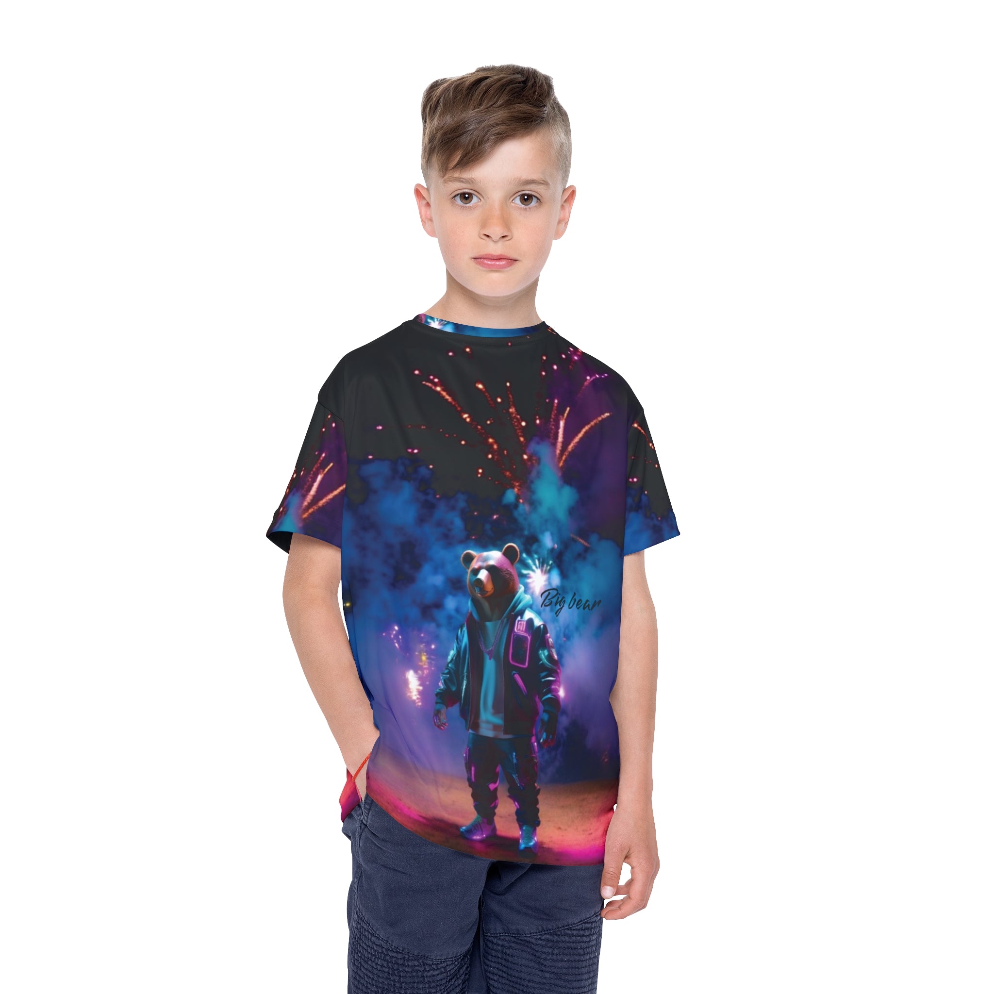 Kids T-Shirt - Cute Bear with Fireworks Background - Gift for Boys and Girls 