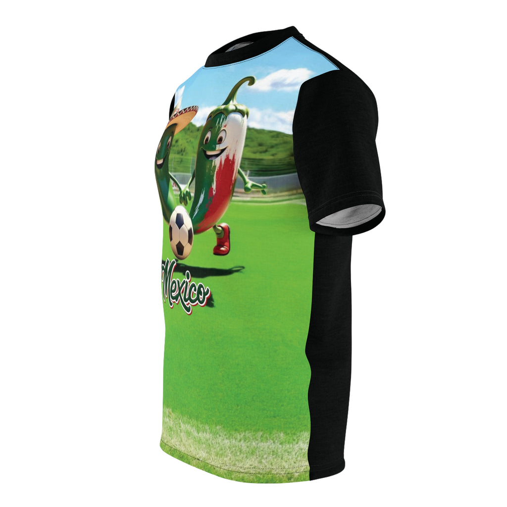 Camiseta unisex de fútbol mexicano divertida con chiles futbolistas