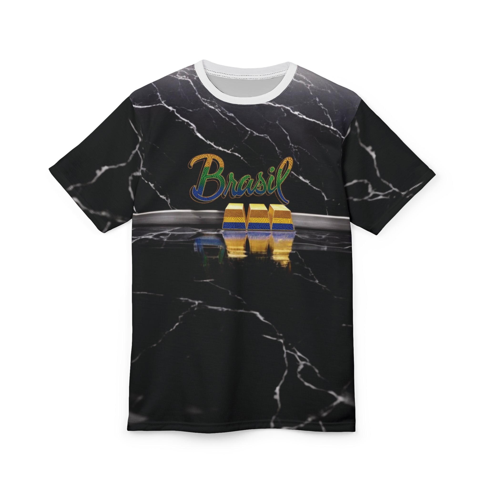 Camiseta estilosa unissex com corte e costura - Design do Brasil em fundo de mármore
