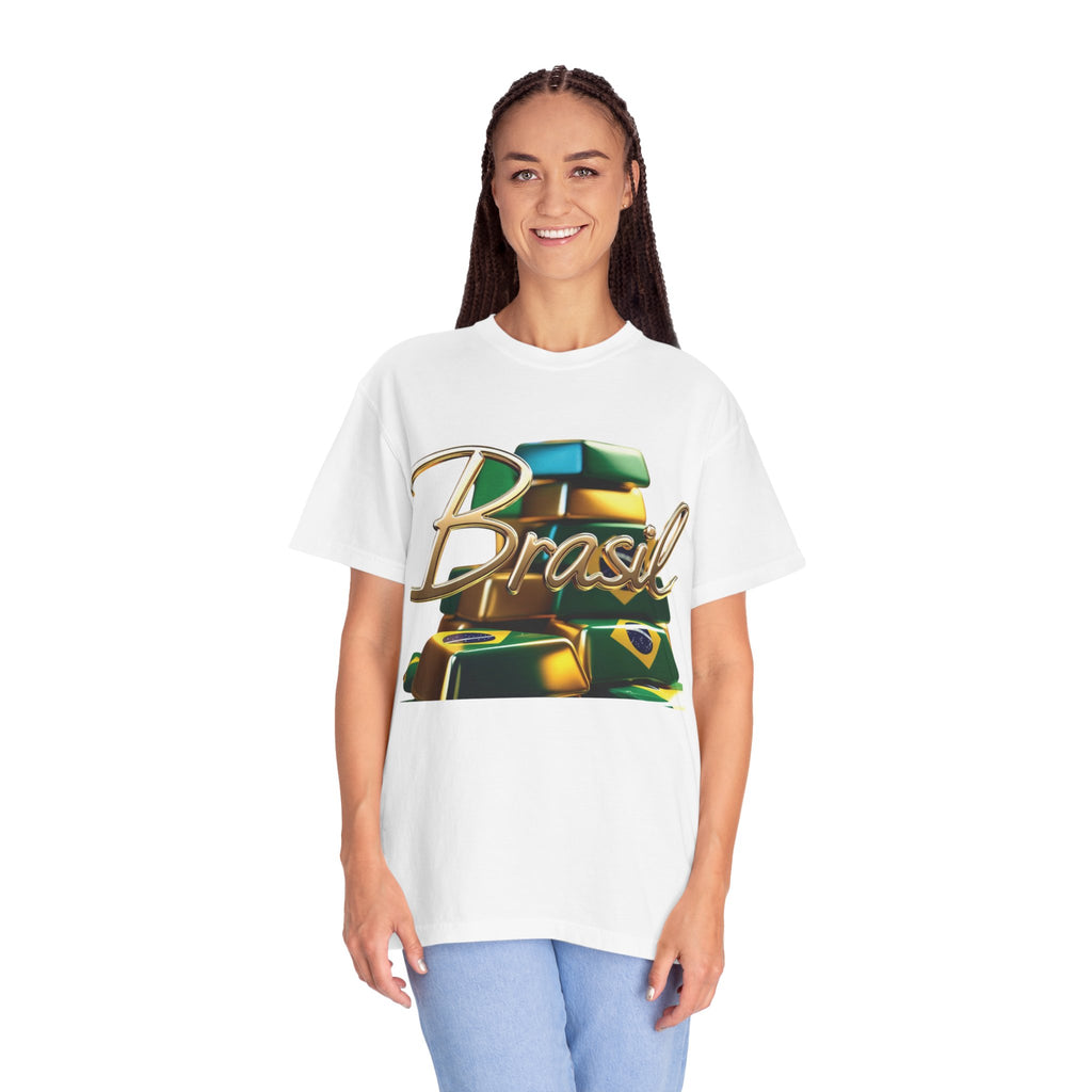 Unisex T-shirt with a Brazilian gold bar design – perfect for travelers and festival lovers