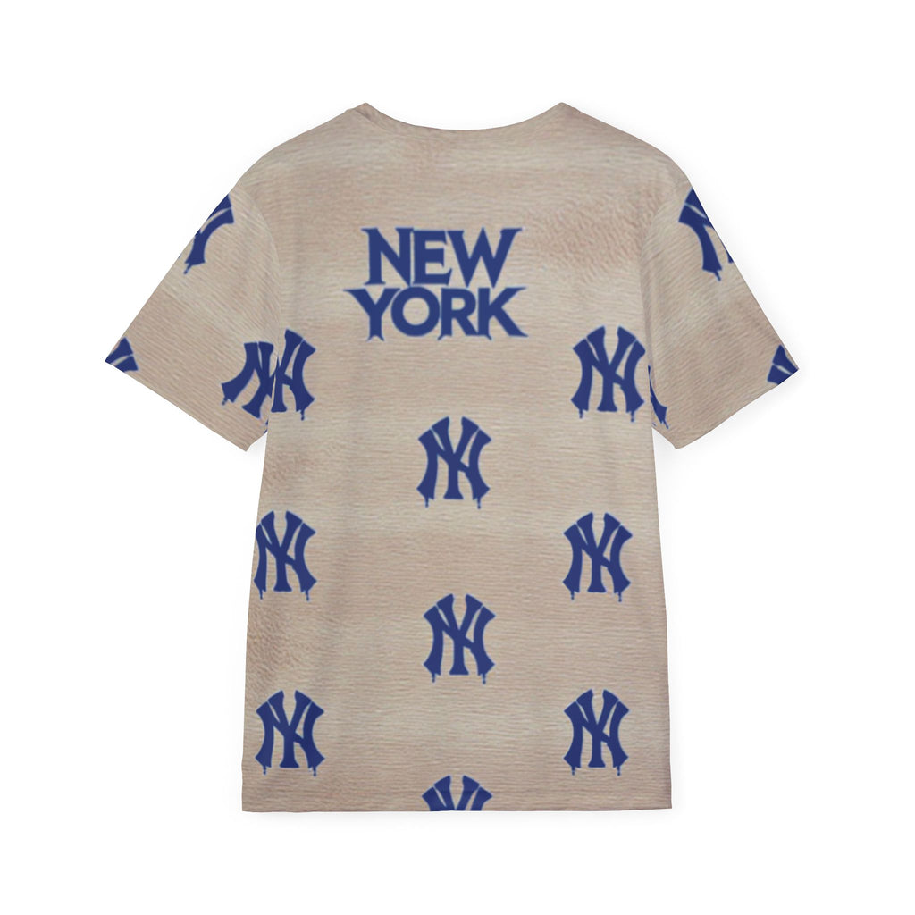 "NEW YORK Drip" T-shirt | Beige All-Over Print with Stylized Blue Logo