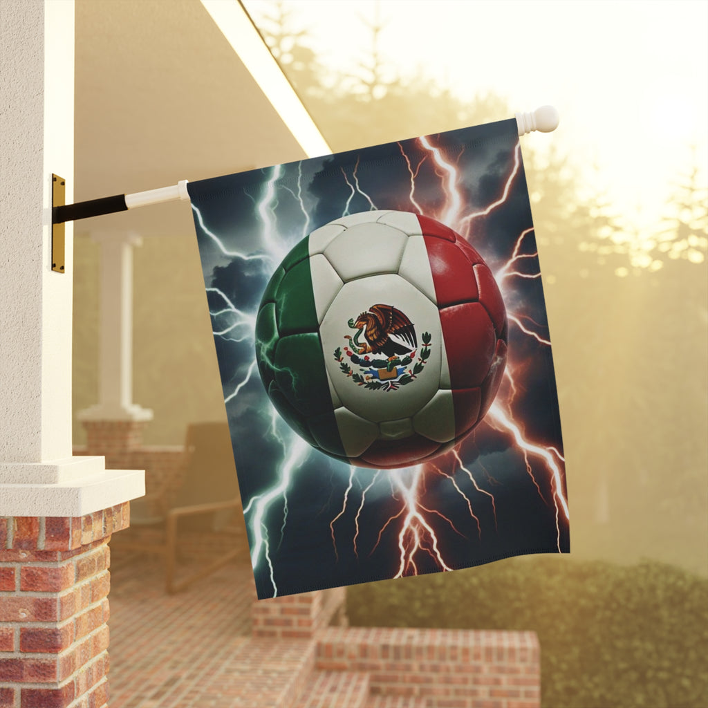 Mexican Flag Soccer Ball Garden Flag — Lightning Storm Outdoor House Banner for Mexico Football Fans