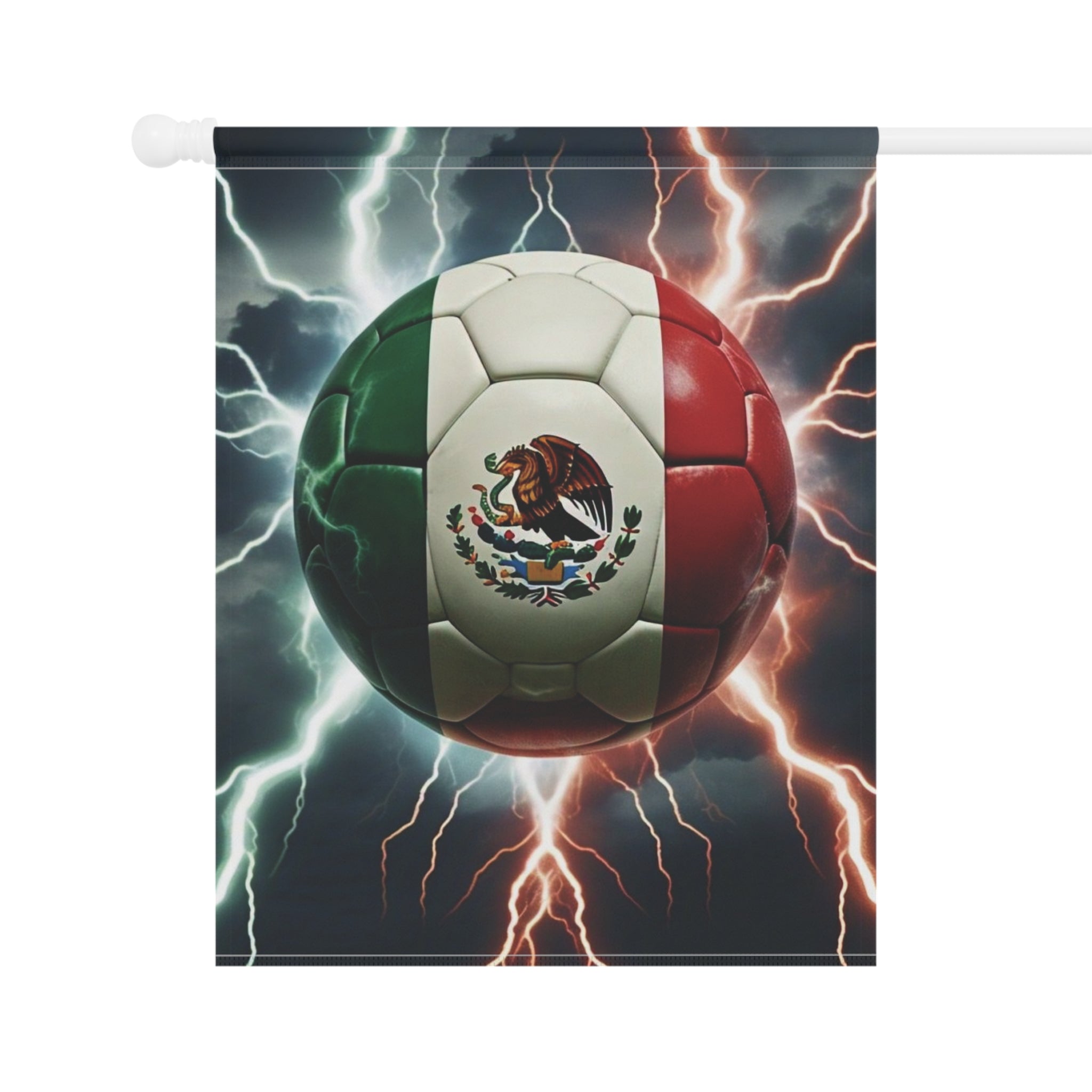 Mexican Flag Soccer Ball Garden Flag — Lightning Storm Outdoor House Banner for Mexico Football Fans