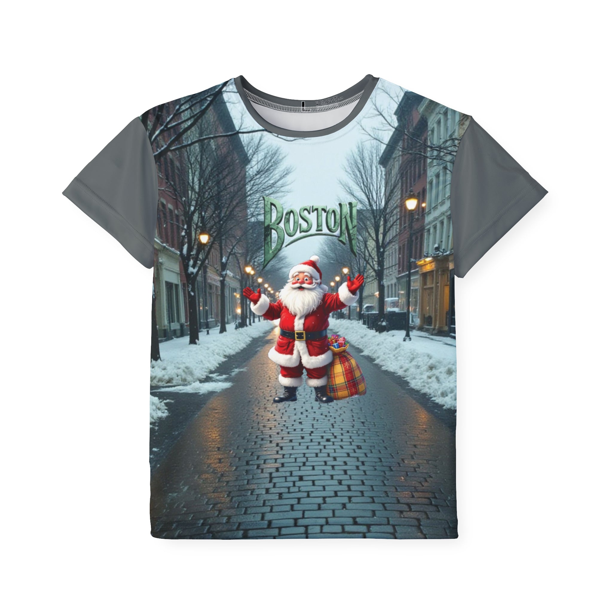 Kids Jersey, Boston Santa Christmas Tee, Youth Holiday Shirt, Festive Apparel,