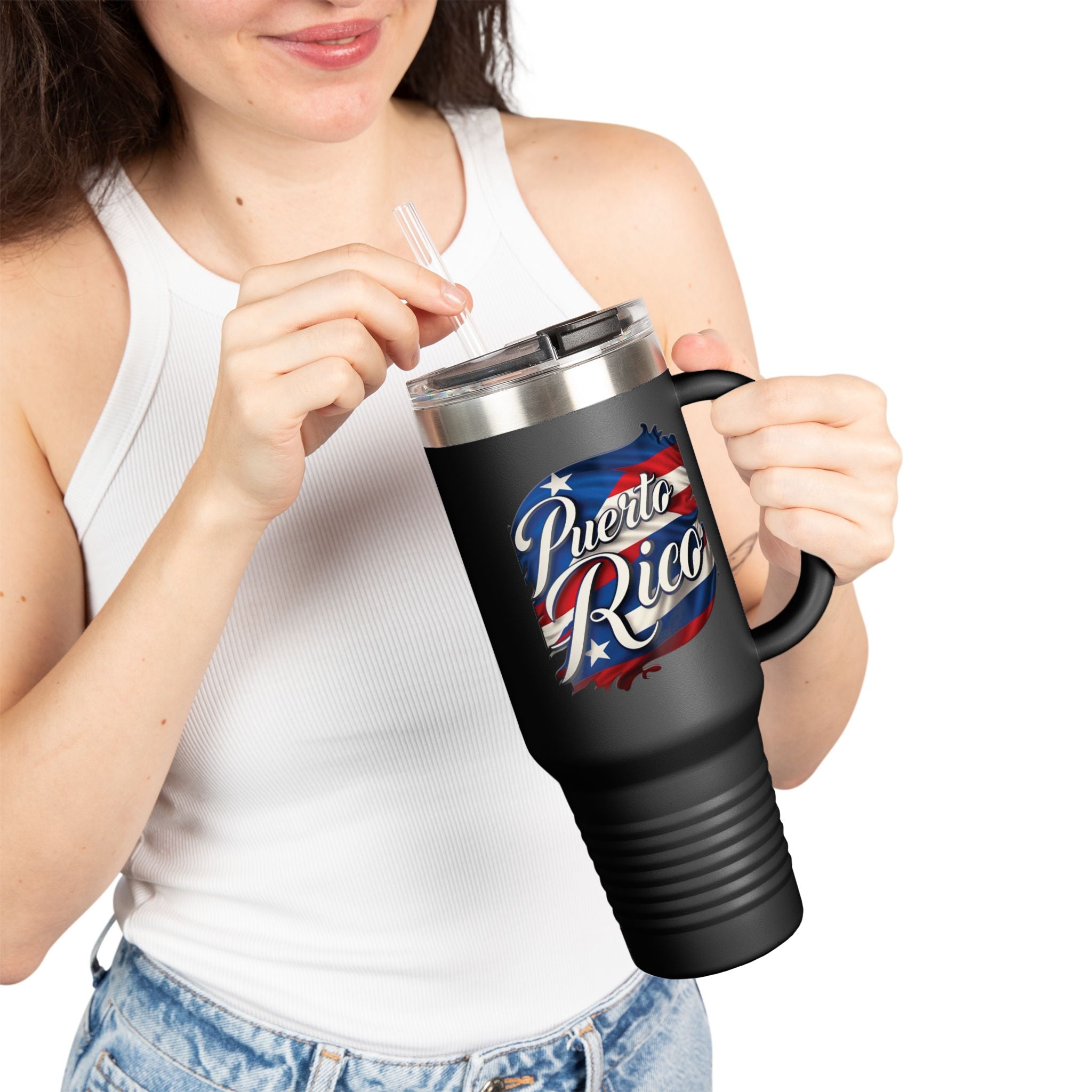Taza de viaje con aislamiento patriótico de 40 oz, perfecta para aventuras al aire libre o para regalar.