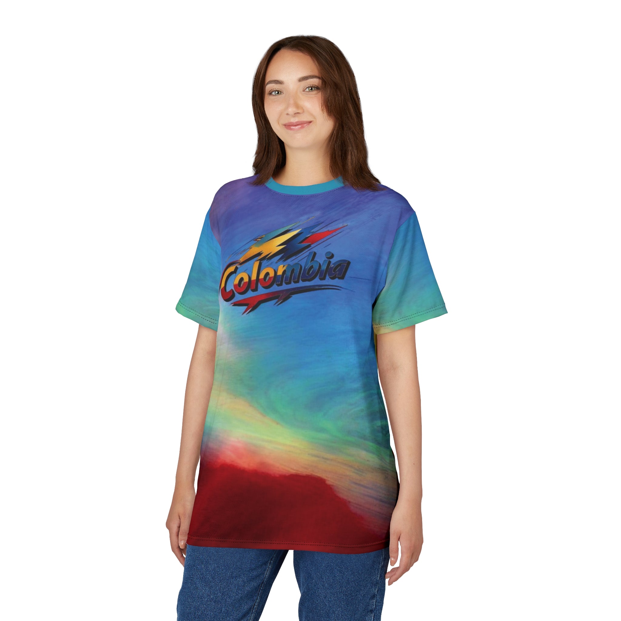 Camiseta colombiana vibrante cortada y cosida