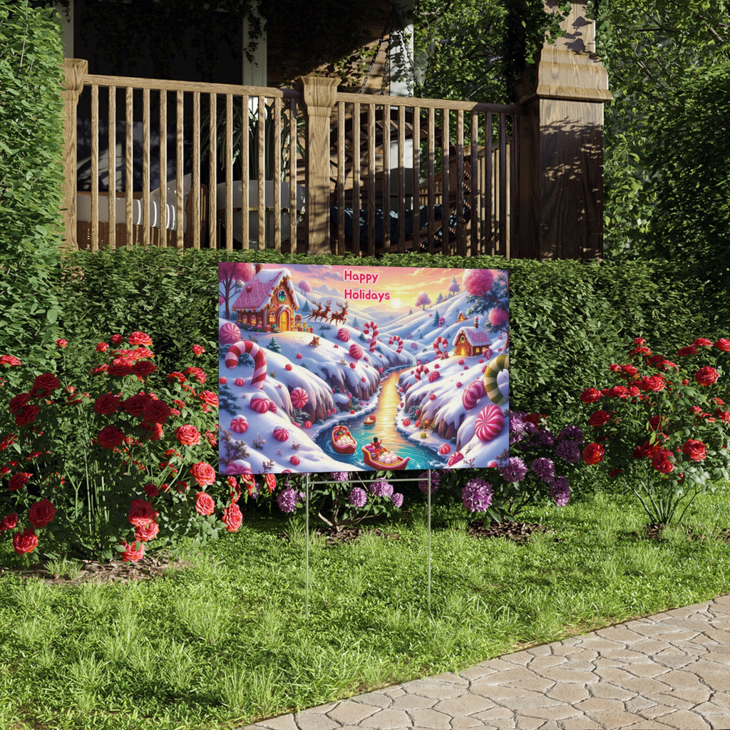 Festive Holiday Lawn Sign: Cheerful Candyland Design with 'Happy Holidays'