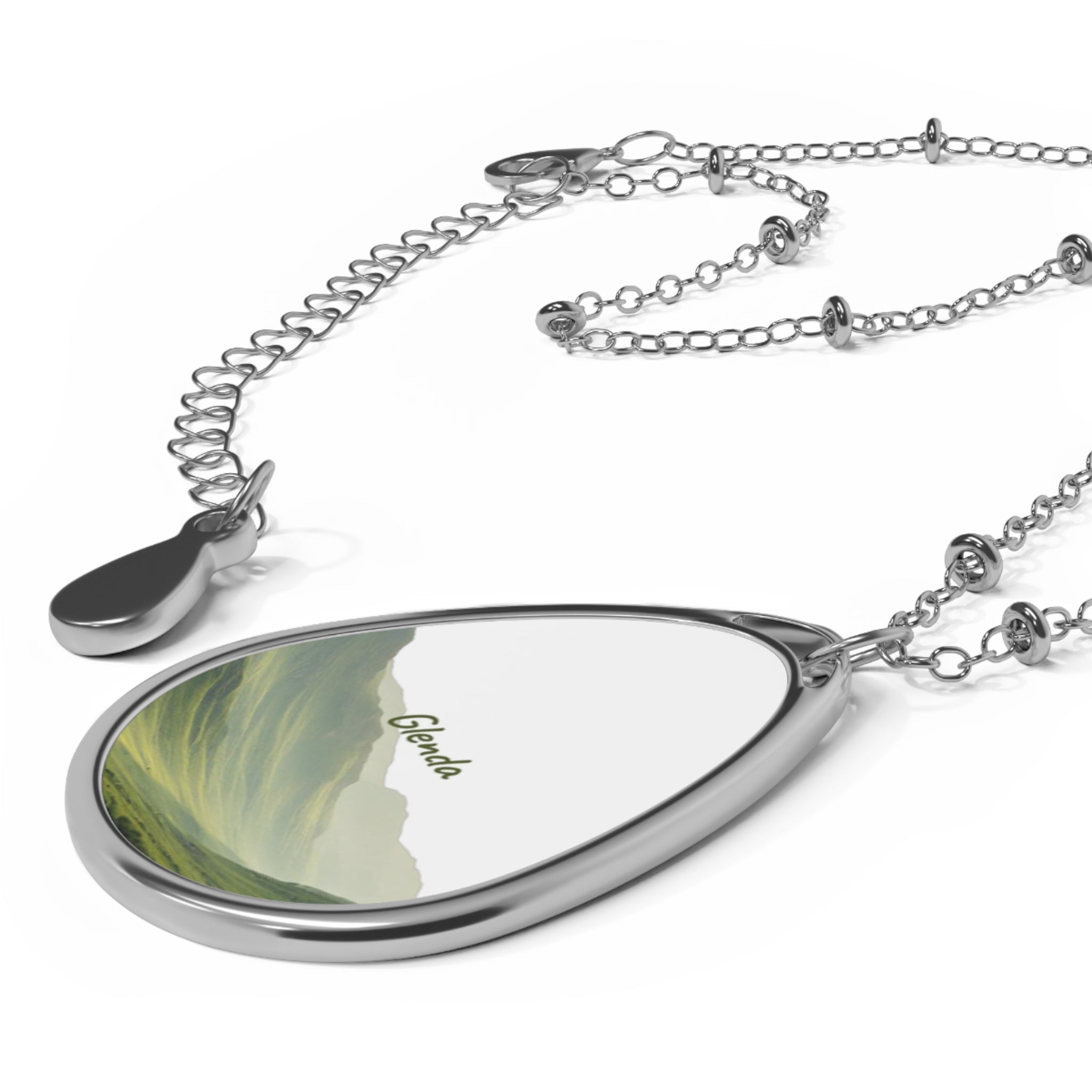 Personalized Oval Necklace — "Glenda" Mountain Scene Pendant