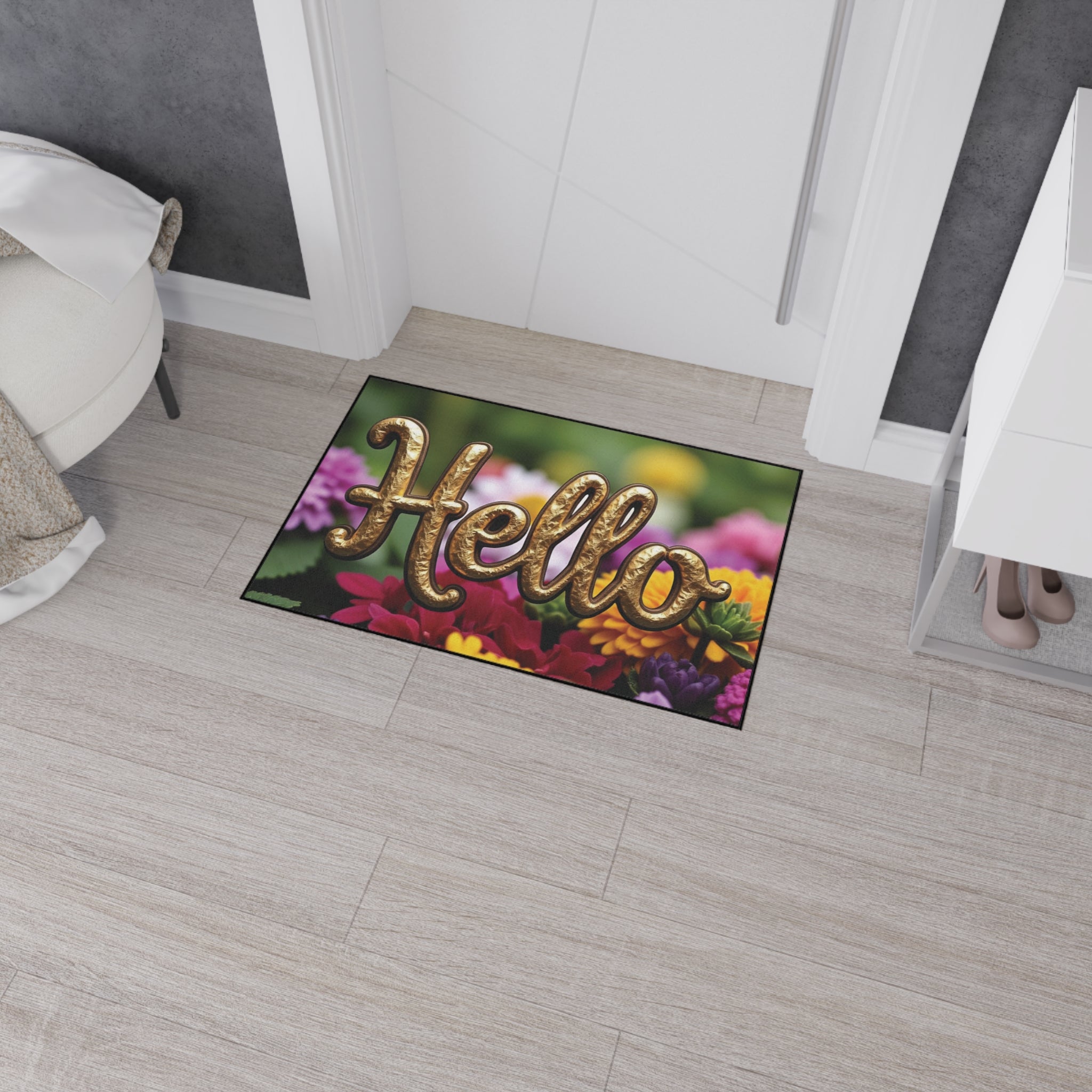 Decorative "Hello" Doormat – Floral with Gold Lettering – Your Perfect Welcome!