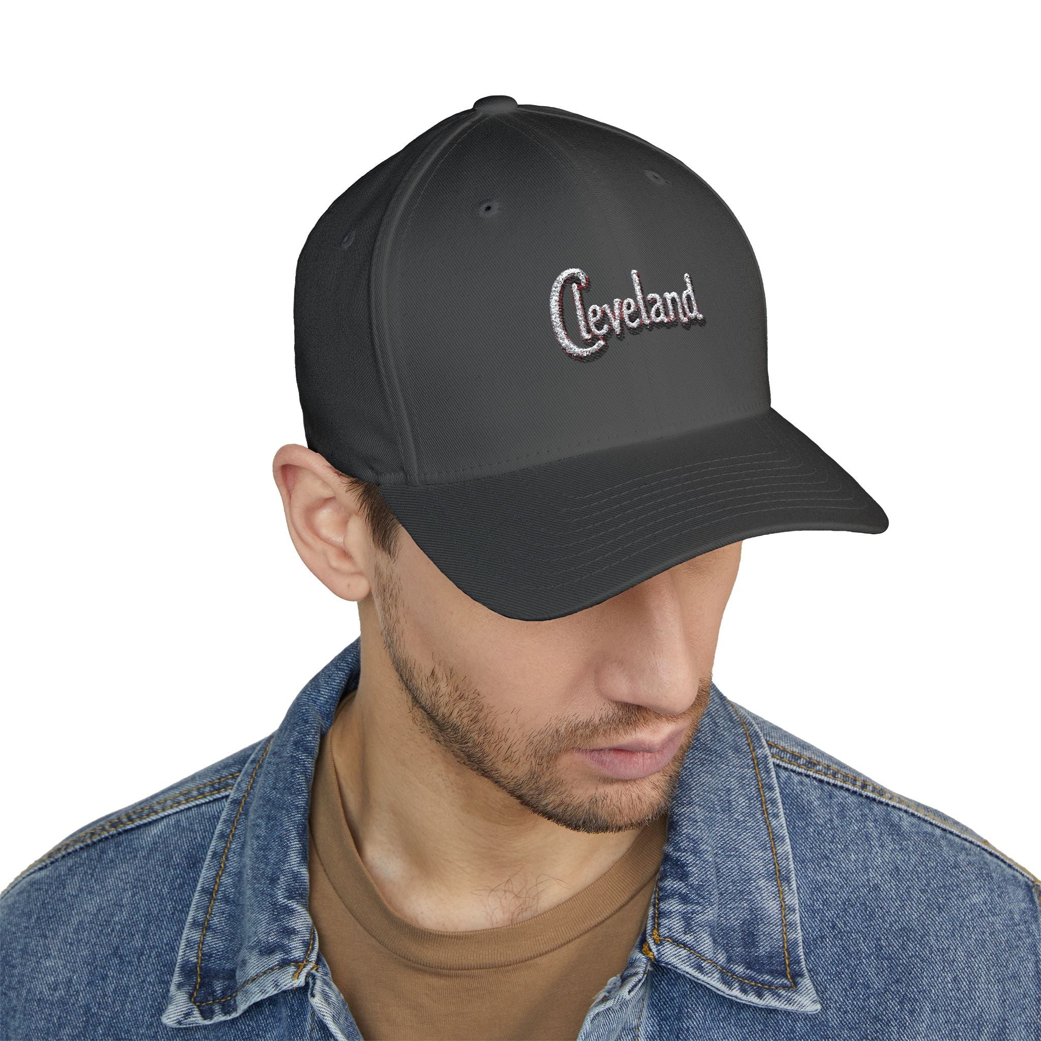 Cleveland Script Embroidered Cap — Classic White Closed-Back Baseball Hat