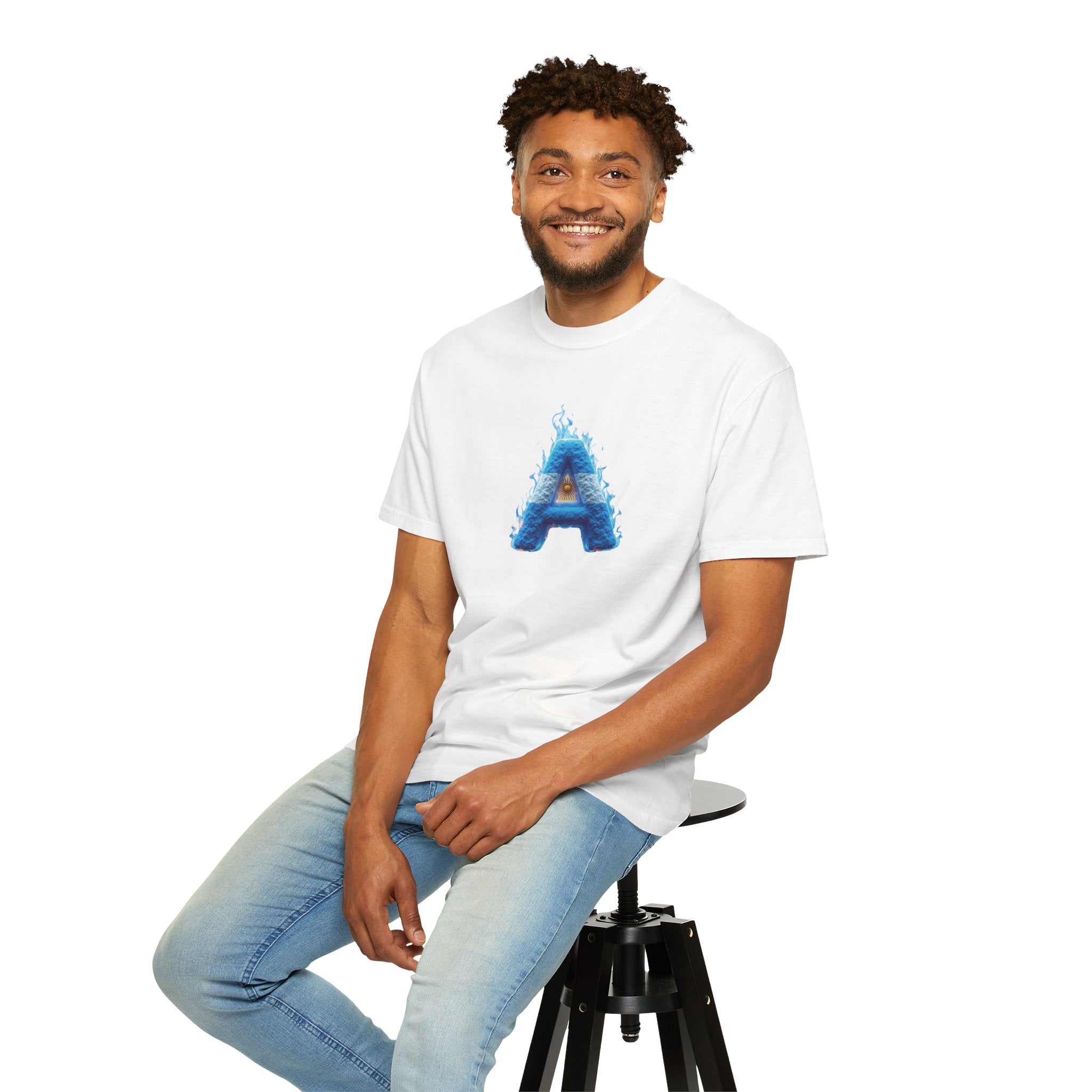 Unisex Argentina Fire &amp; Ice T-shirt with the "A" illustration: modern and comfortable for art lovers.