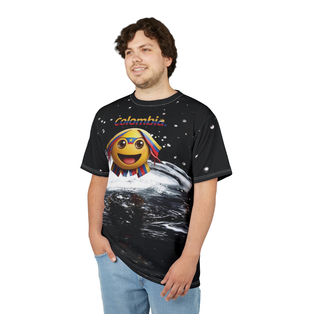 Colombia Water Splash Emoji Unisex T-Shirt - Fun and vibrant design to celebrate.
