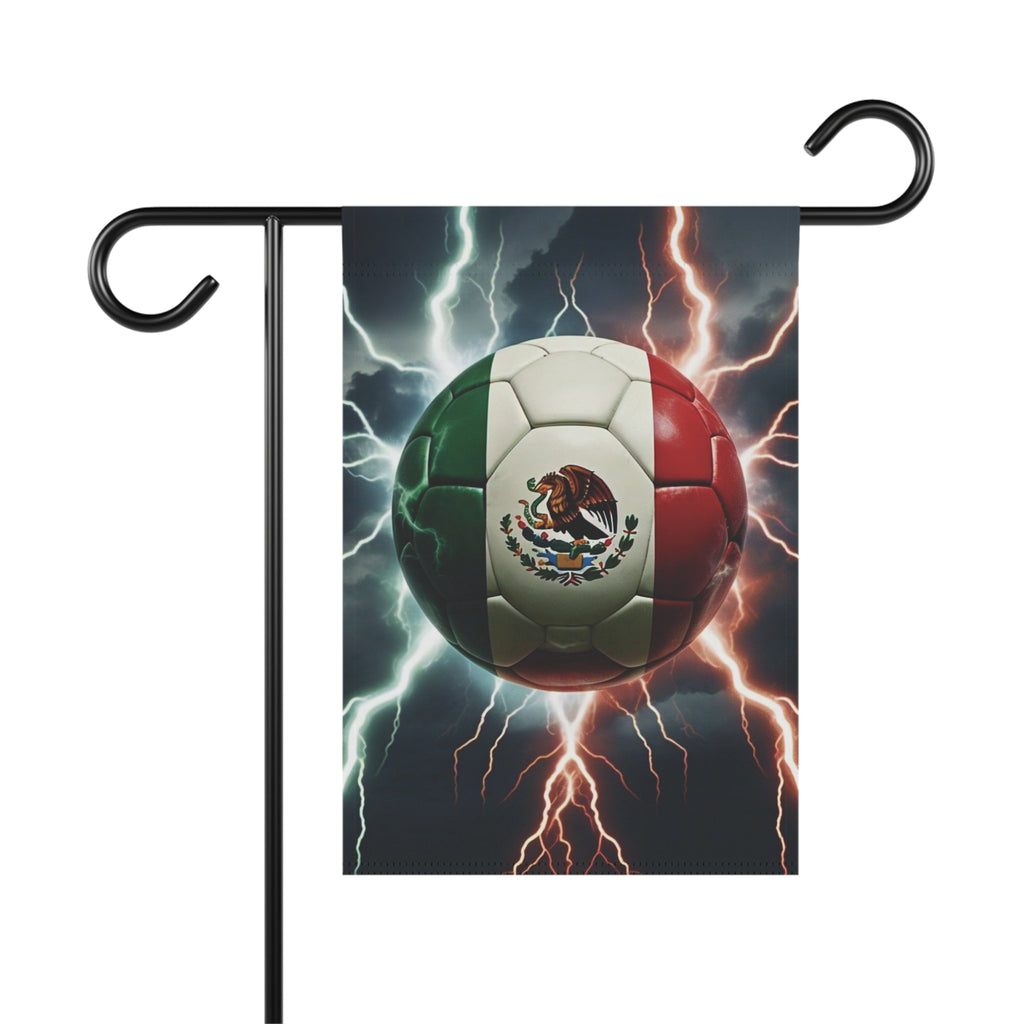 Mexican Flag Soccer Ball Garden Flag — Lightning Storm Outdoor House Banner for Mexico Football Fans