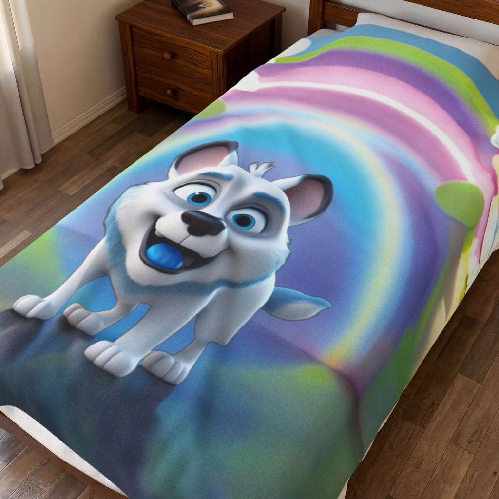 "Playful Puppy and Magic Rainbow" Velvet Plush Blanket – Dreams Filled with Joy! - Happy Dog Children's Throw Blanket