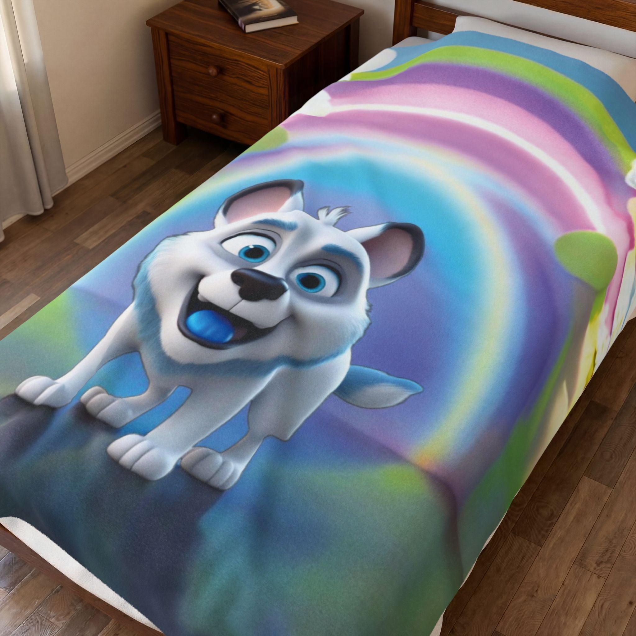 "Playful Puppy and Magic Rainbow" Velvet Plush Blanket – Dreams Filled with Joy! - Happy Dog Children's Throw Blanket