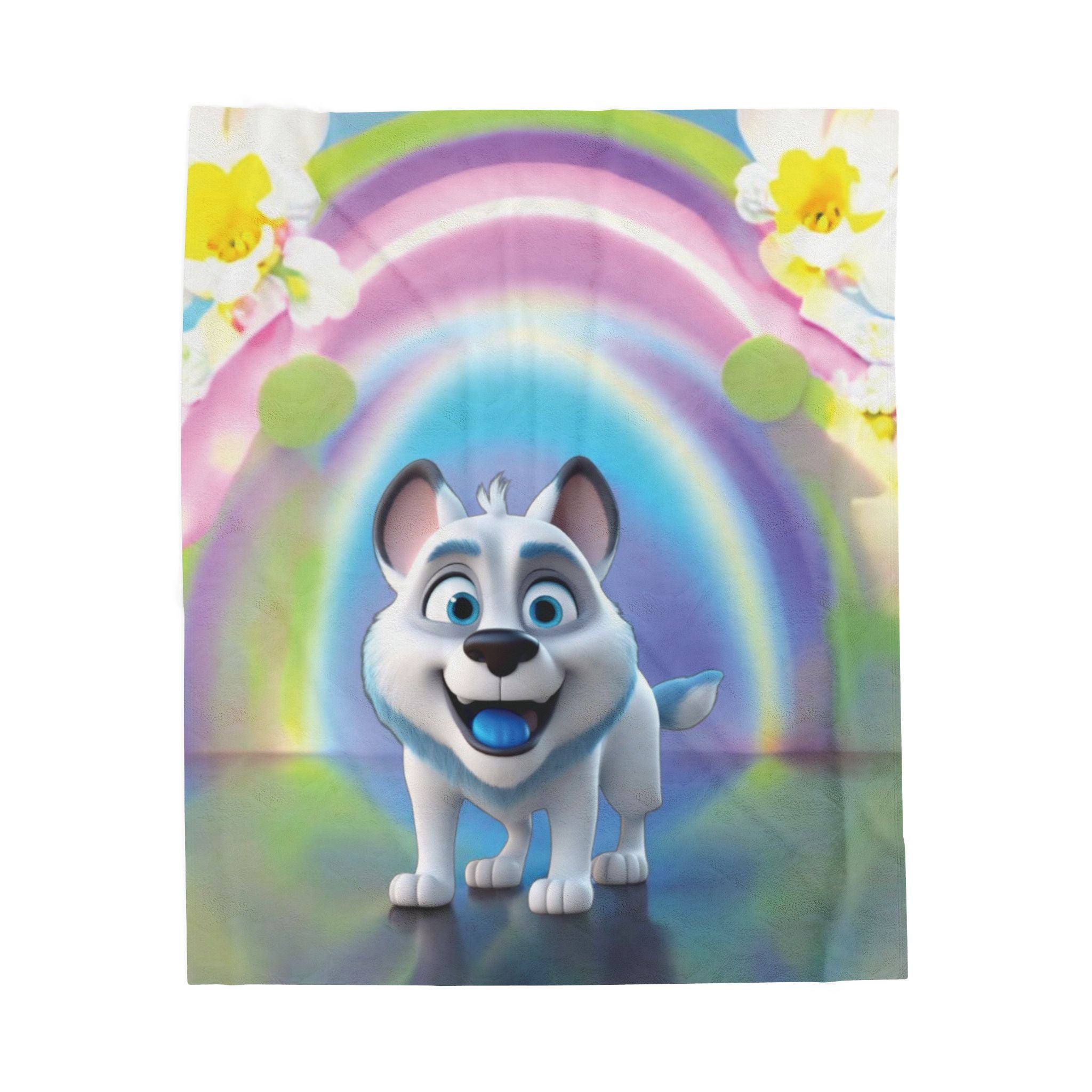 "Playful Puppy and Magic Rainbow" Velvet Plush Blanket – Dreams Filled with Joy! - Happy Dog Children's Throw Blanket